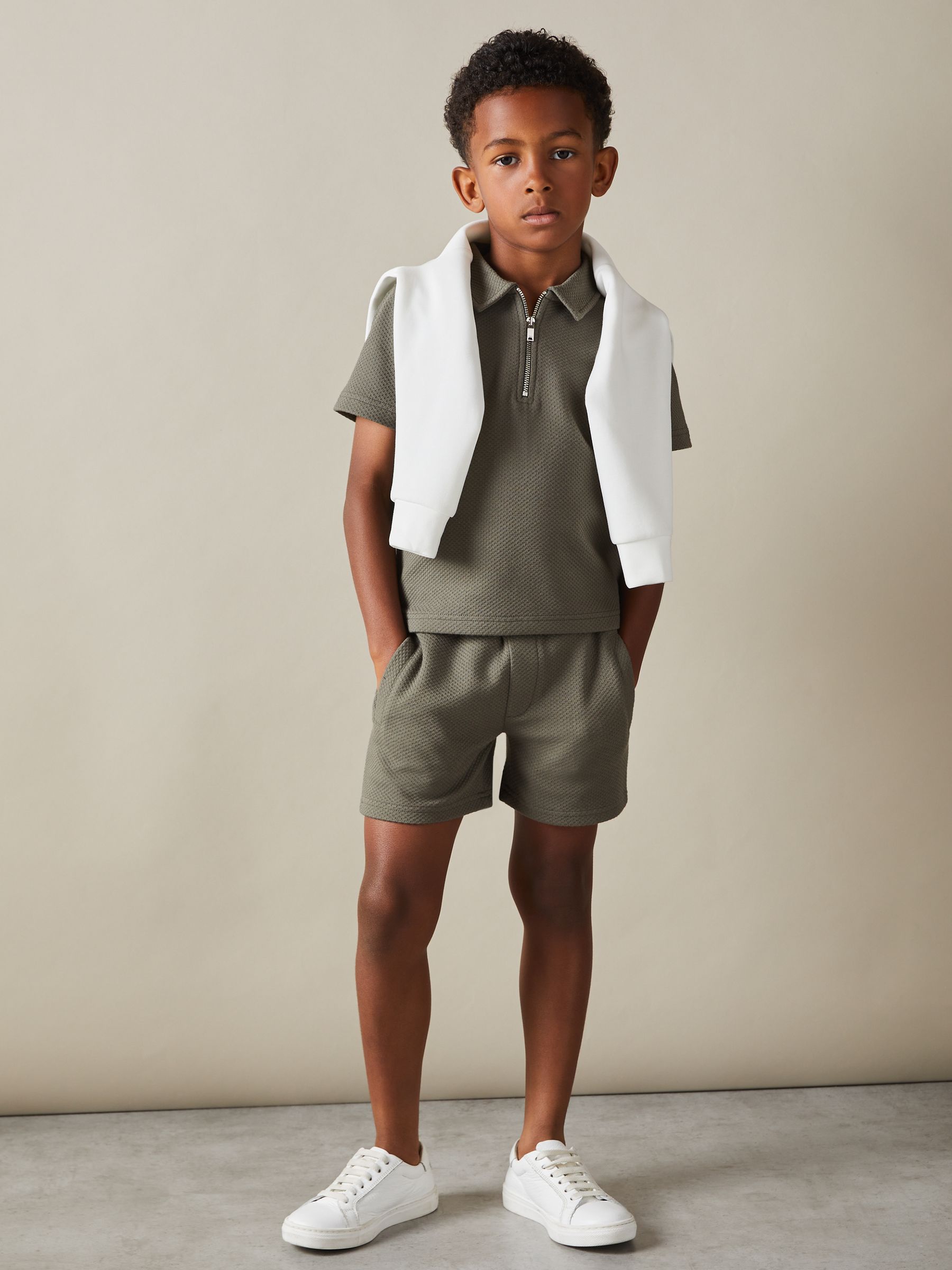 Junior Textured Half-Zip Polo Shirt in Green Smoke - Image 1 of 4