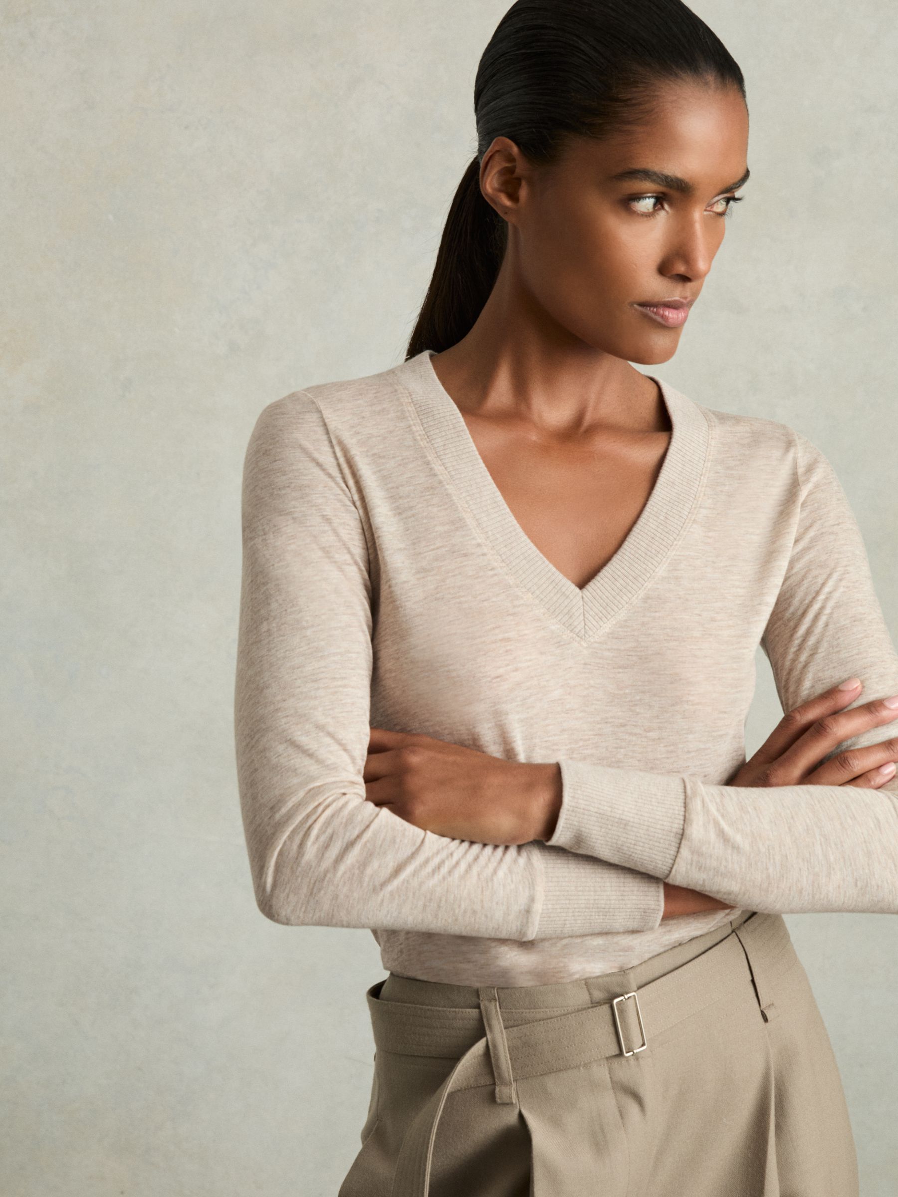 Lyocell-Wool Marled V-Neck Top in Stone - Image 1 of 7