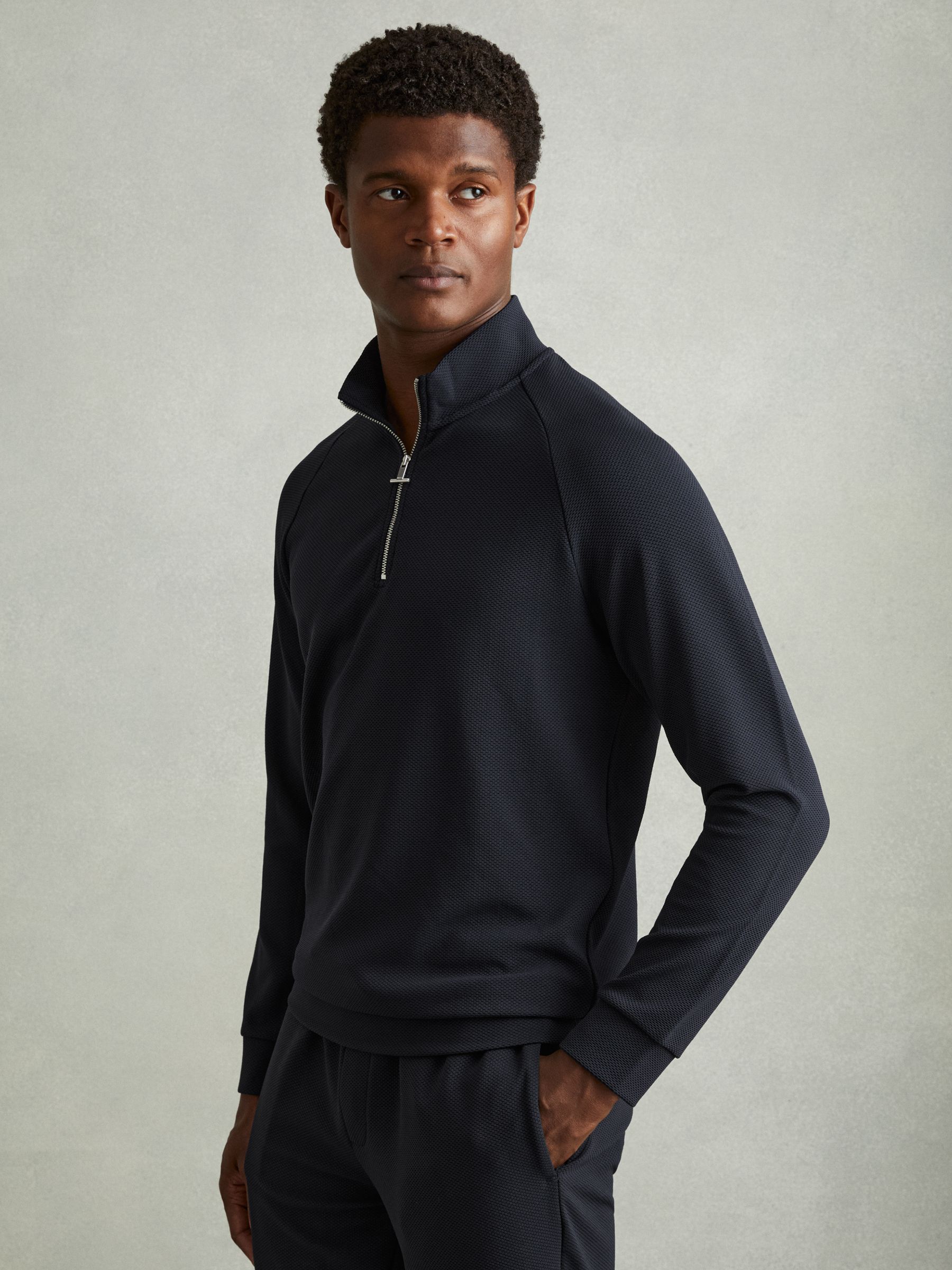 Textured Half-Zip Funnel-Neck Sweatshirt in Navy - Image 1 of 6