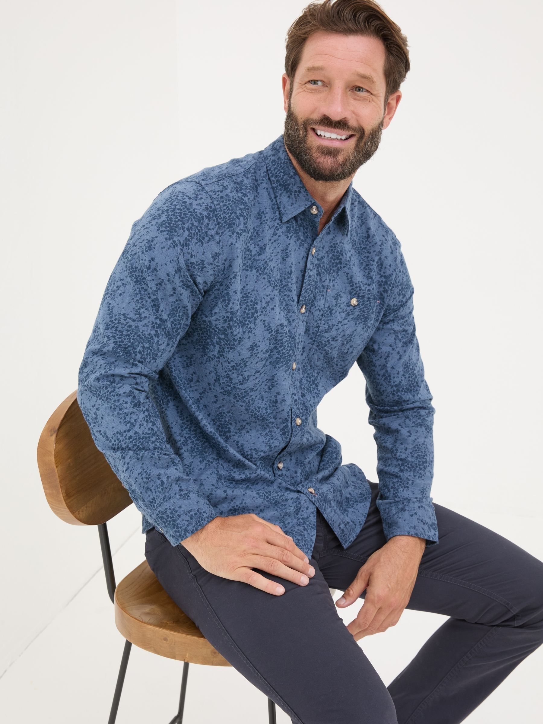 Blue Long Sleeve Leaf Print 100% Cotton Shirt - Image 3 of 5