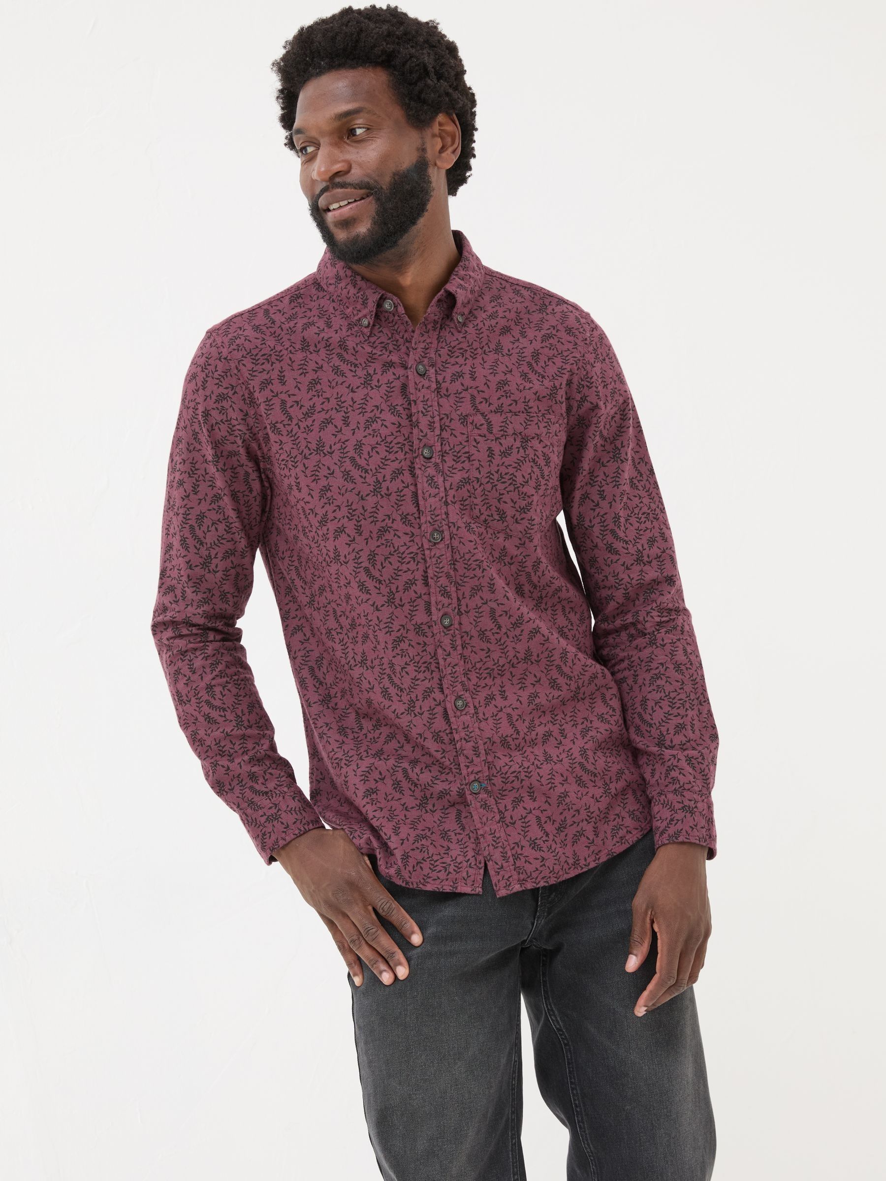 Burgundy Red Long Sleeve Vine Print 100% Cotton Shirt - Image 1 of 7