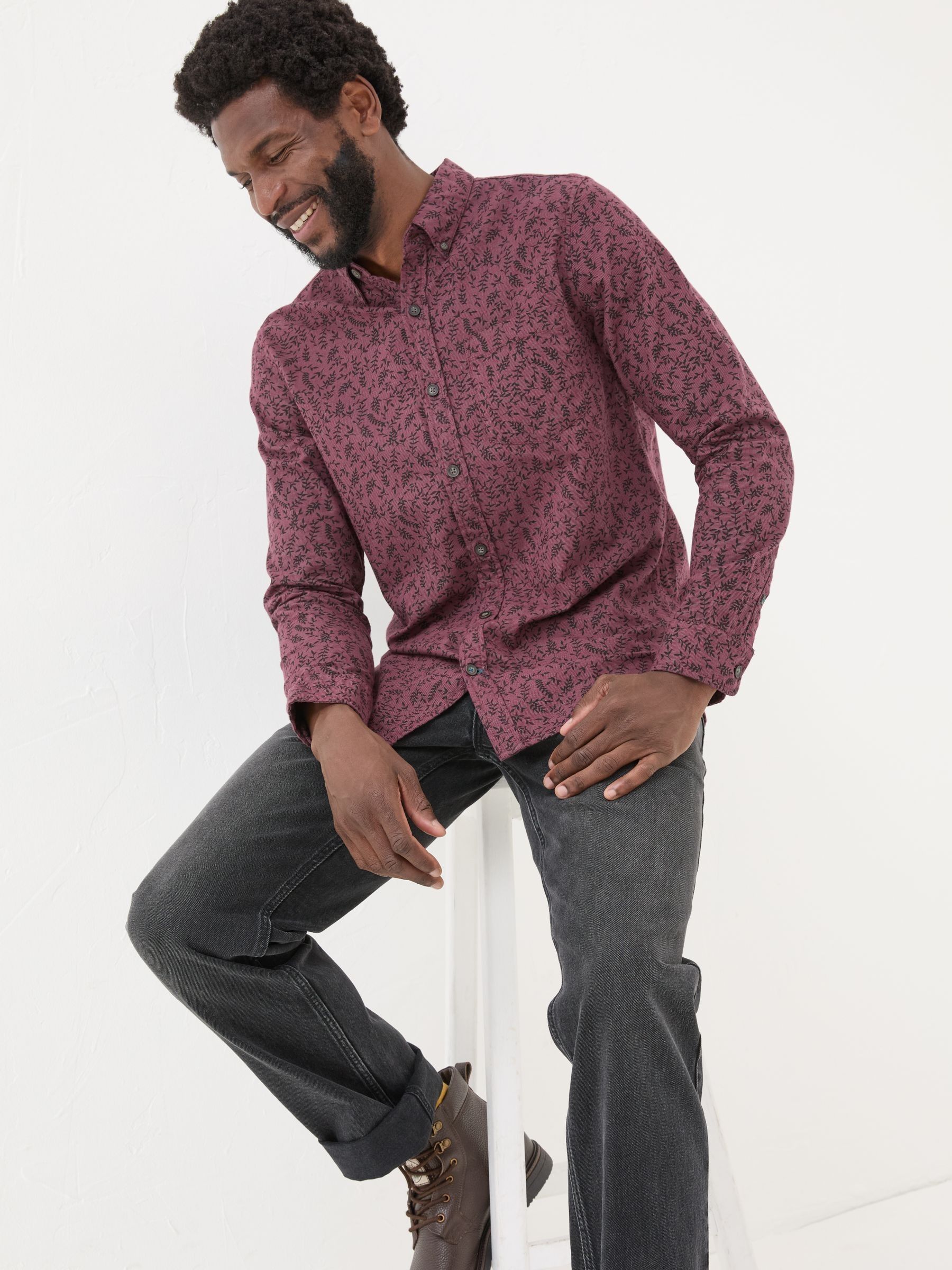 Burgundy Red Long Sleeve Vine Print 100% Cotton Shirt - Image 3 of 7