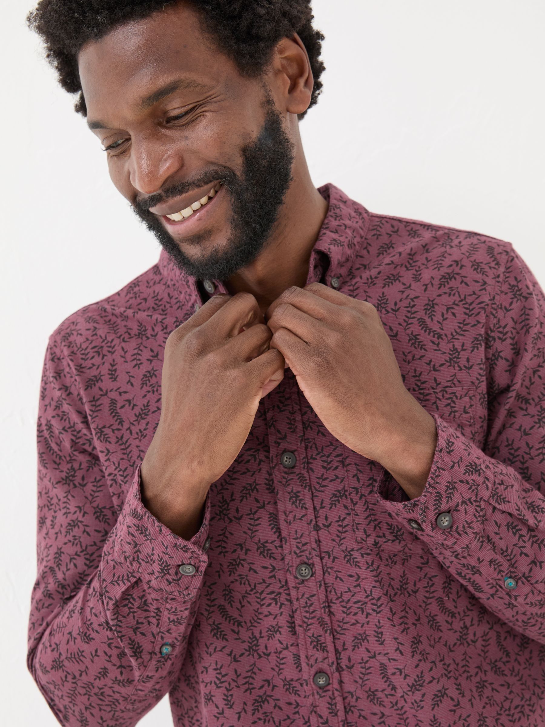 Burgundy Red Long Sleeve Vine Print 100% Cotton Shirt - Image 4 of 7