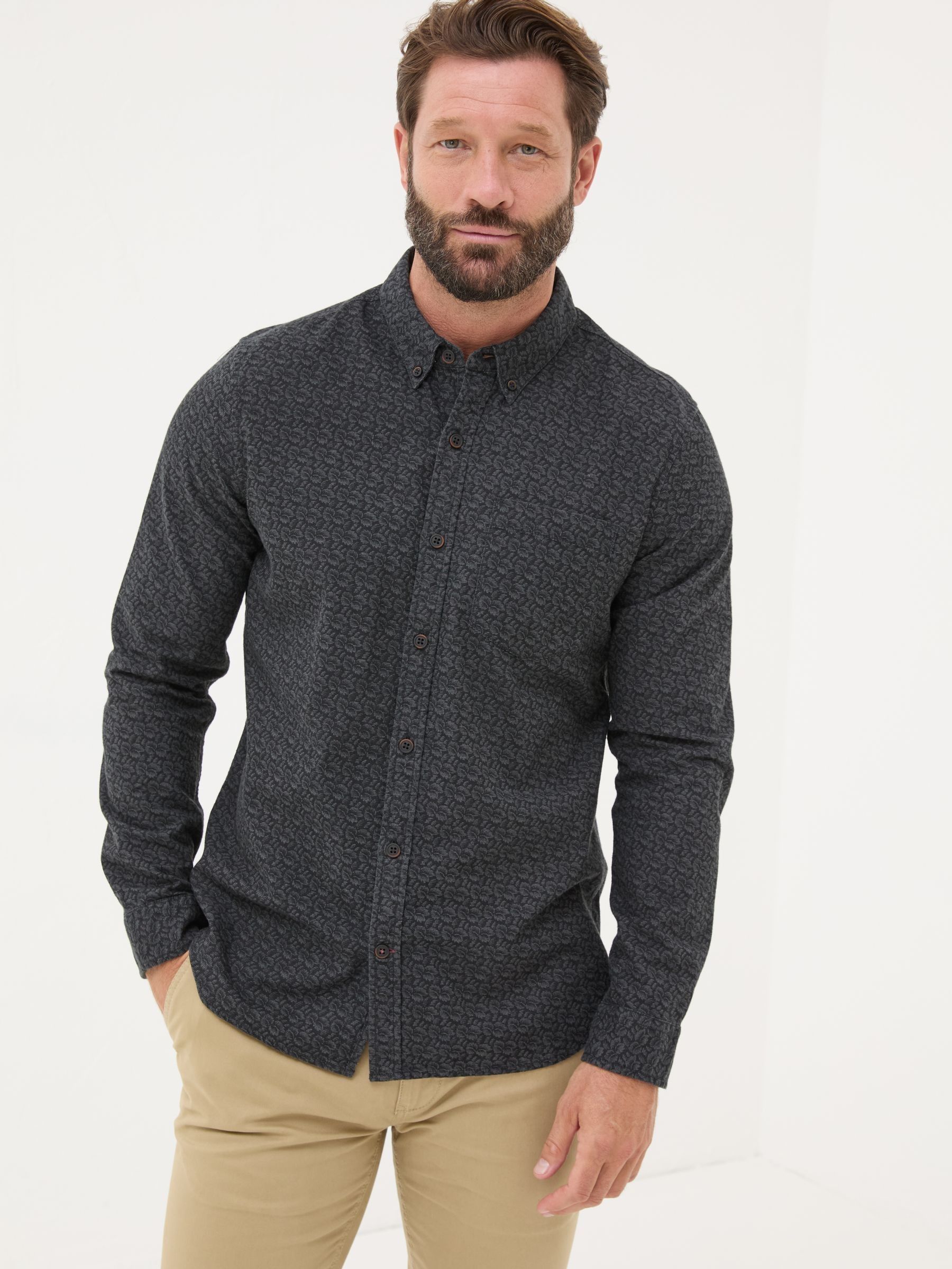 Dark Grey Long Sleeve Leaf Print 100% Cotton Shirt - Image 1 of 7