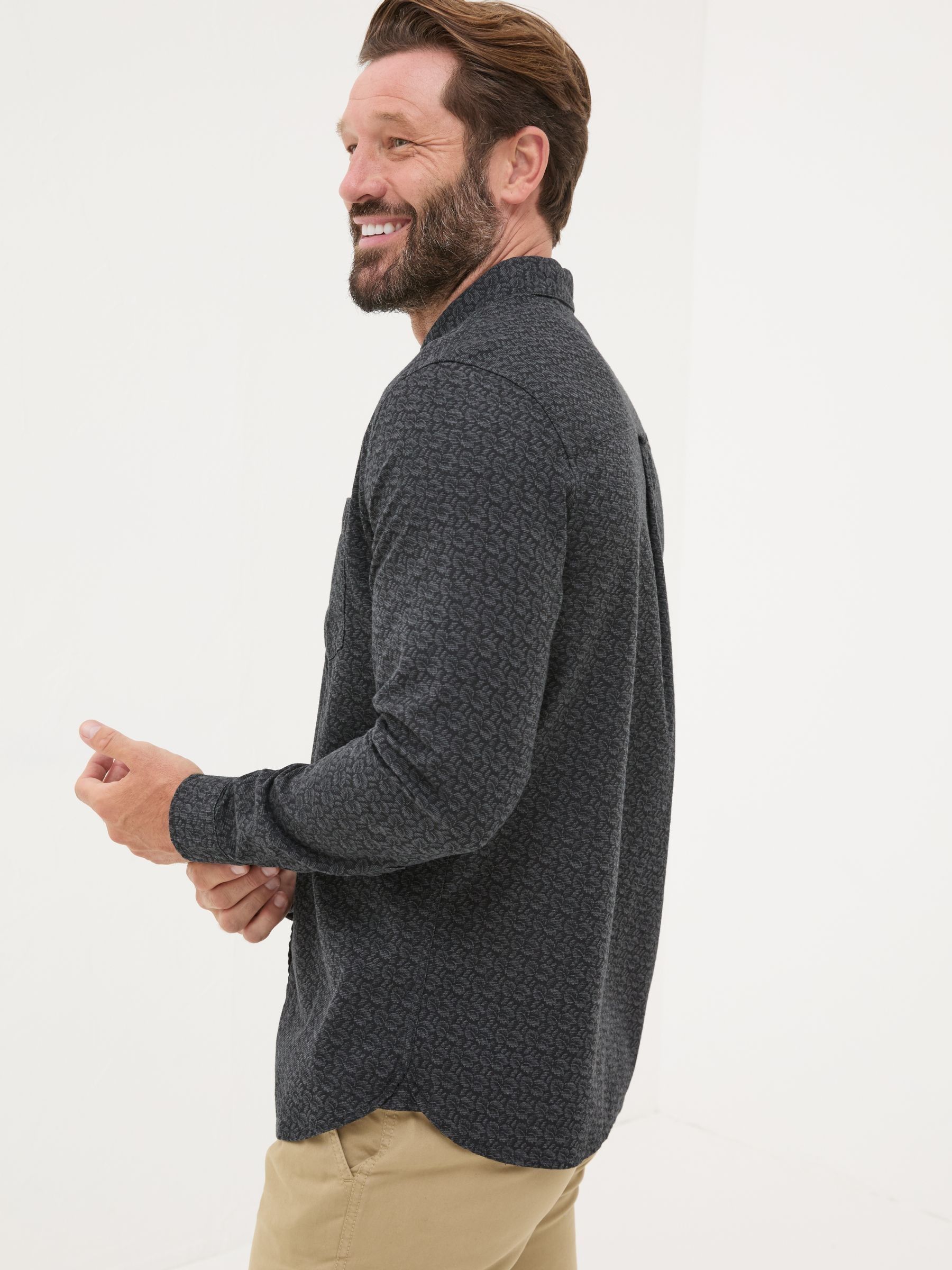 Dark Grey Long Sleeve Leaf Print 100% Cotton Shirt - Image 2 of 7