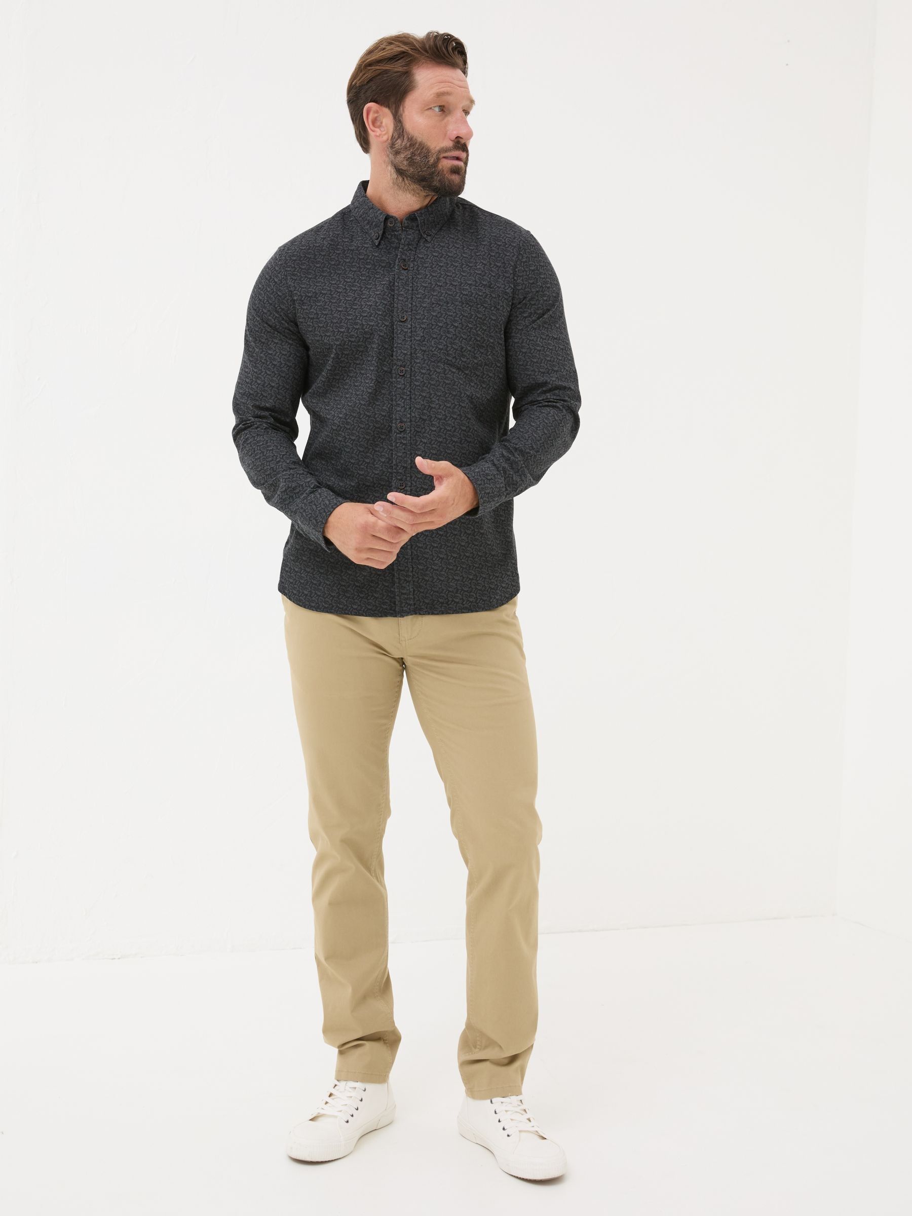 Dark Grey Long Sleeve Leaf Print 100% Cotton Shirt - Image 3 of 7