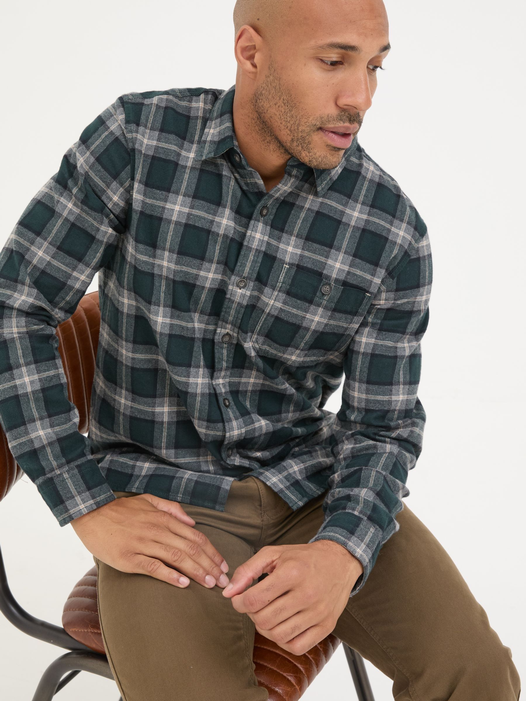 Dark Teal Long Sleeve Brent Check 100% Cotton Shirt - Image 5 of 7