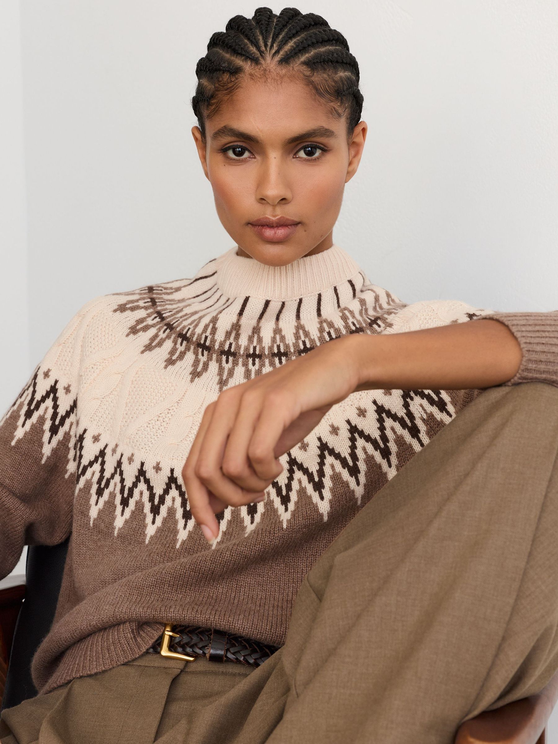 Wool-Cashmere Cable-Detail Fairisle Jumper in Neutral by Reiss