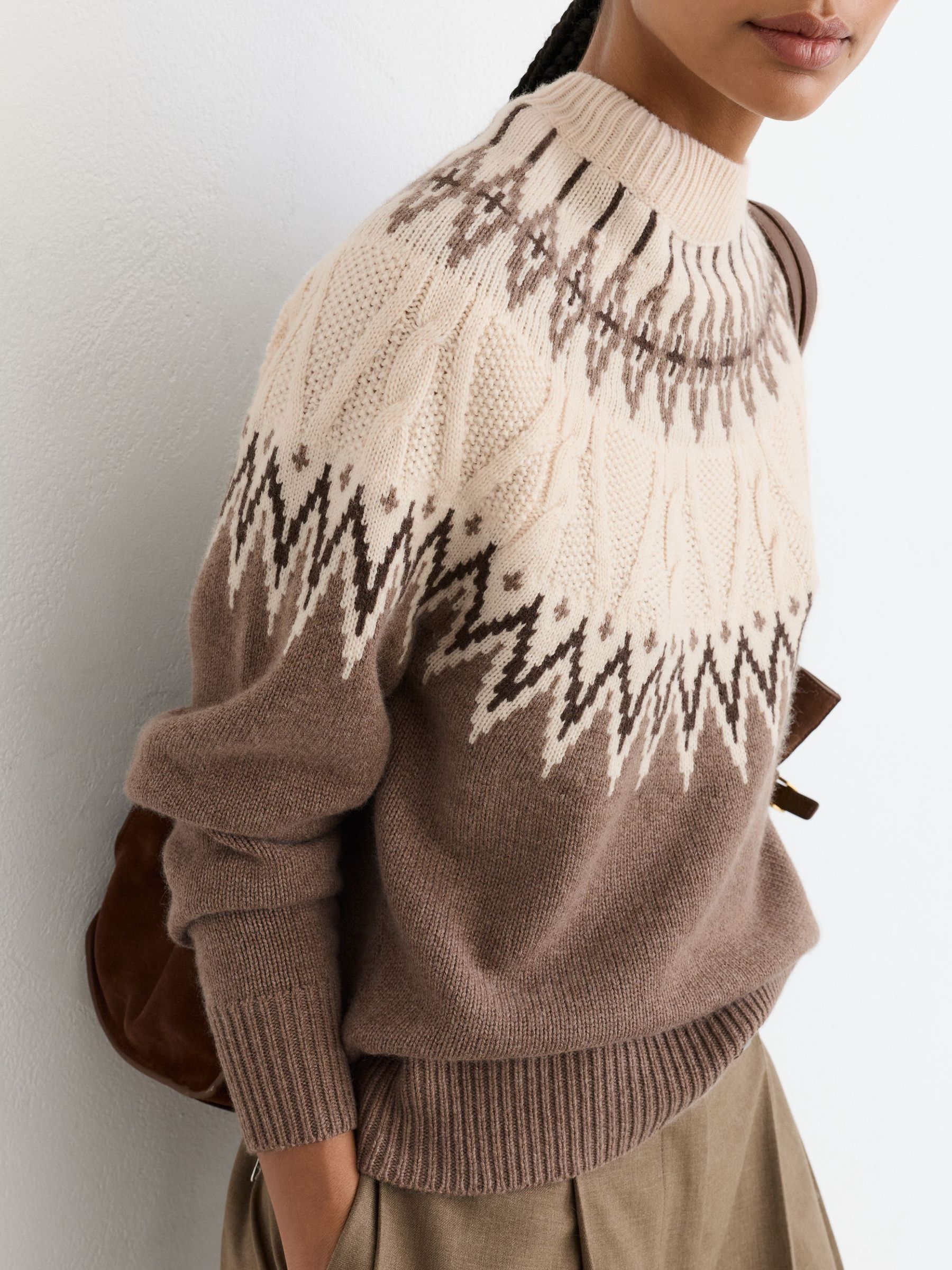 Wool-Cashmere Cable-Detail Fairisle Jumper in Neutral - Image 4 of 7