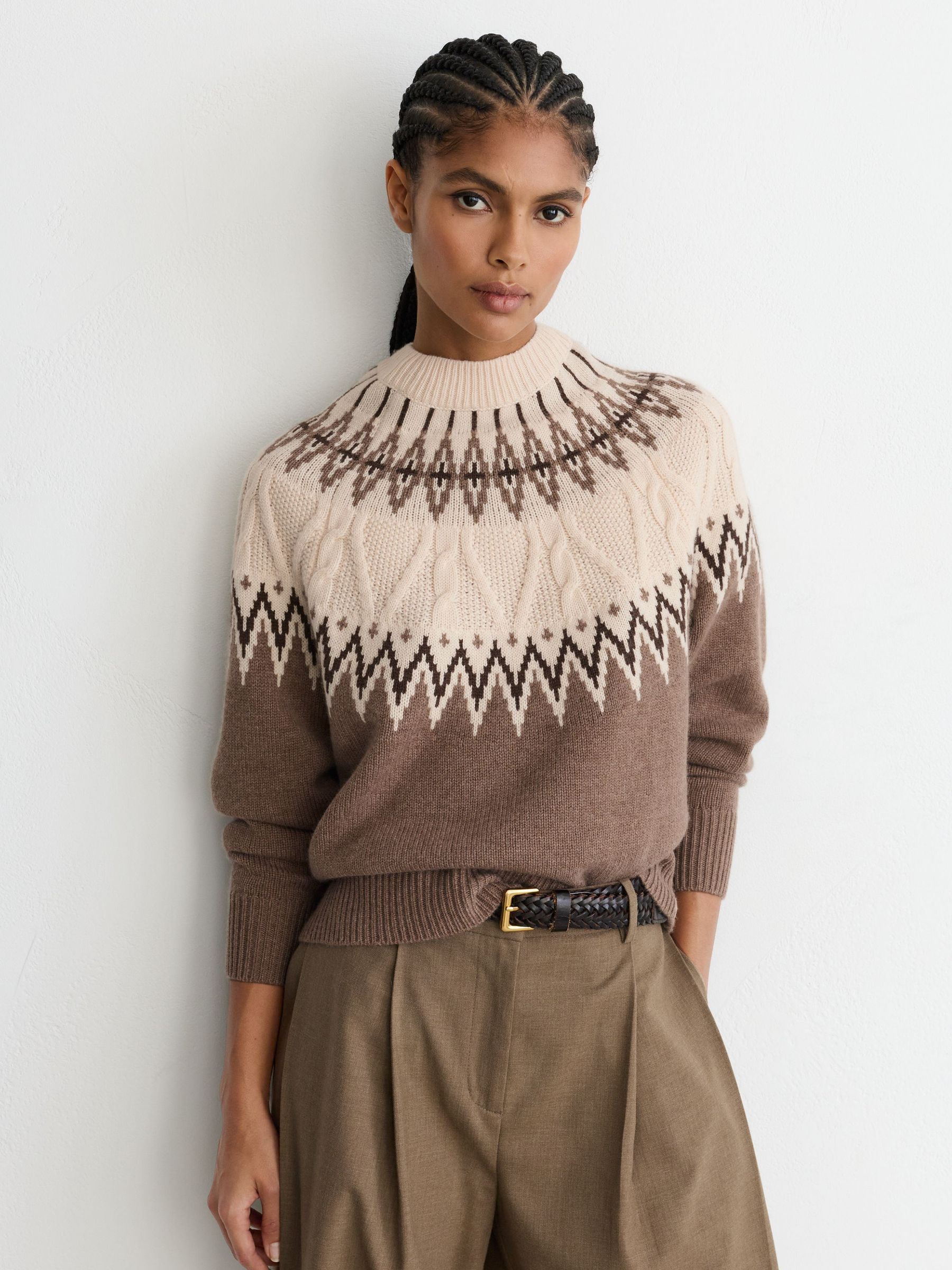 Wool-Cashmere Cable-Detail Fairisle Jumper in Neutral - Image 6 of 7