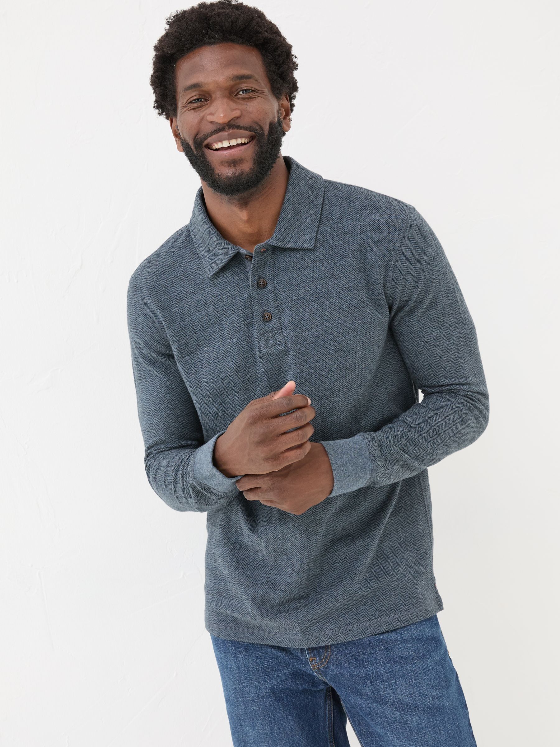 Navy Herringbone Long Sleeve Polo Shirt - Image 1 of 8
