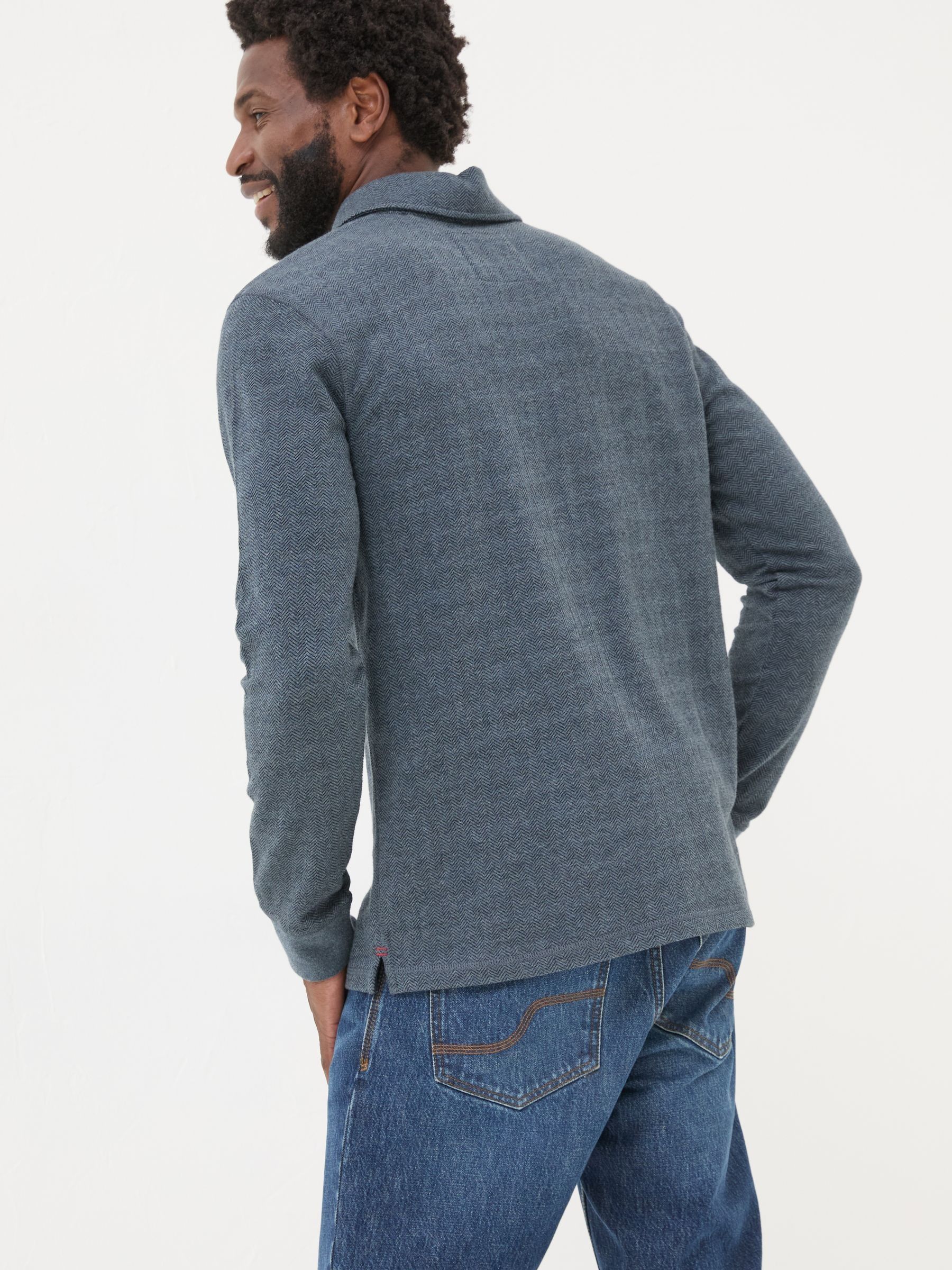 Navy Herringbone Long Sleeve Polo Shirt - Image 2 of 8