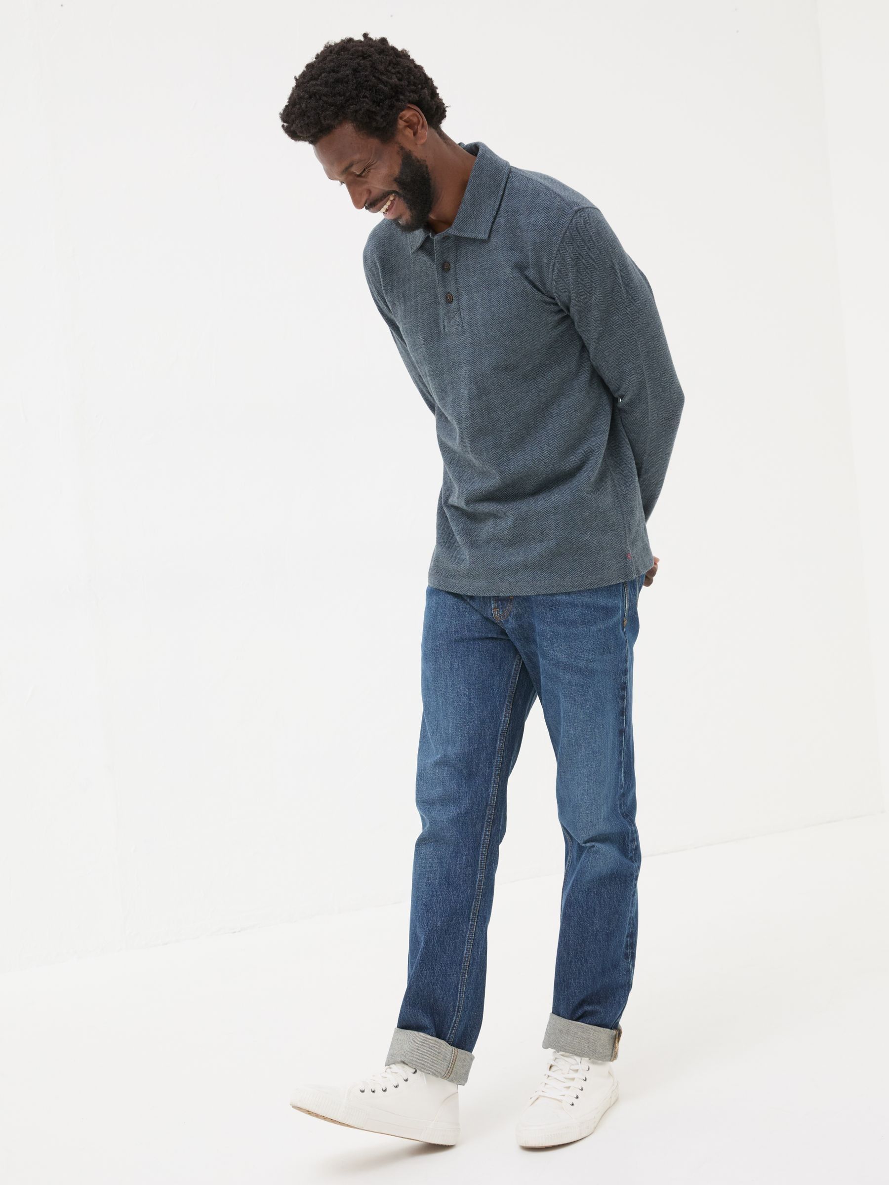Navy Herringbone Long Sleeve Polo Shirt - Image 3 of 8