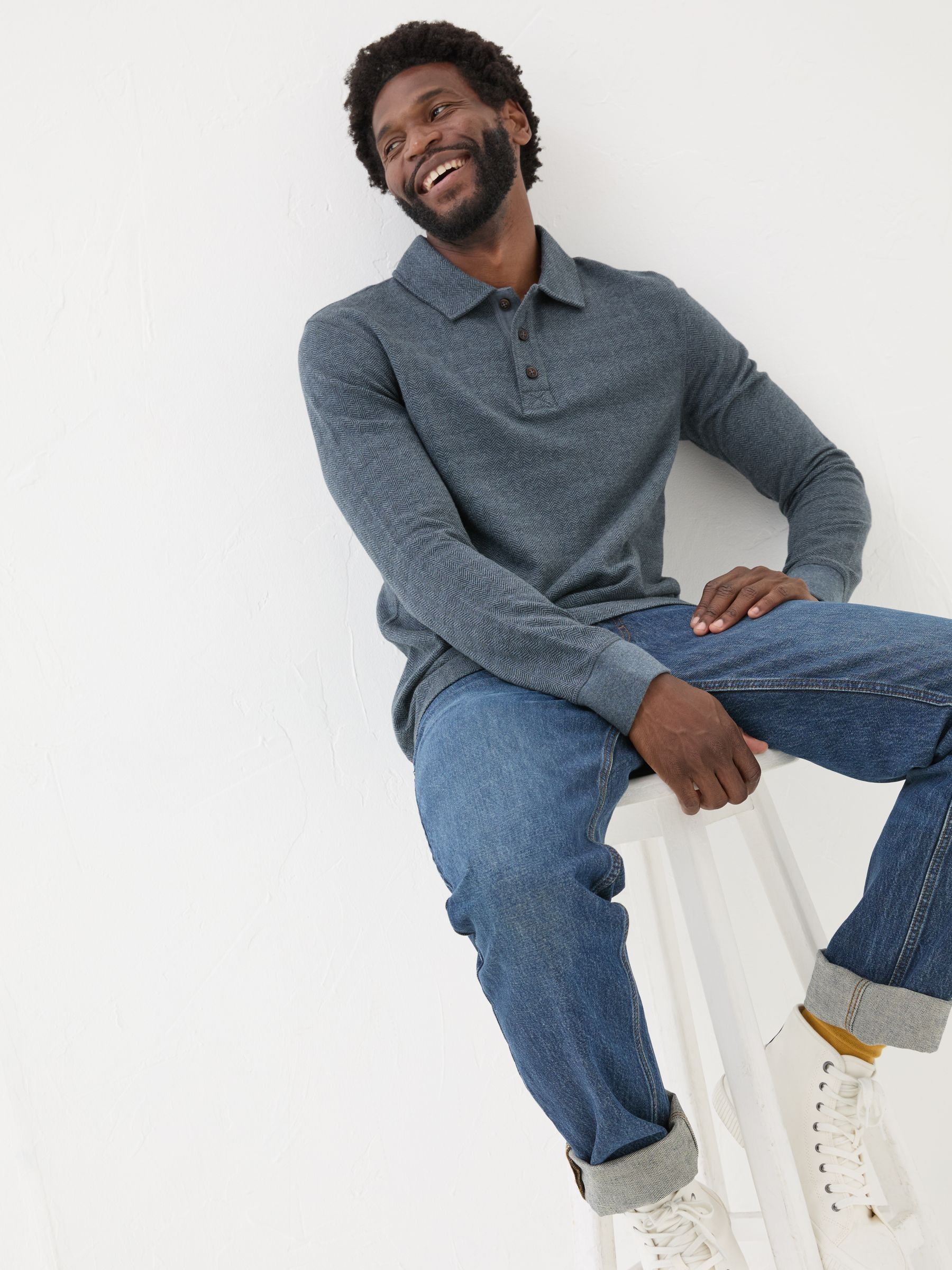 Navy Herringbone Long Sleeve Polo Shirt - Image 4 of 8