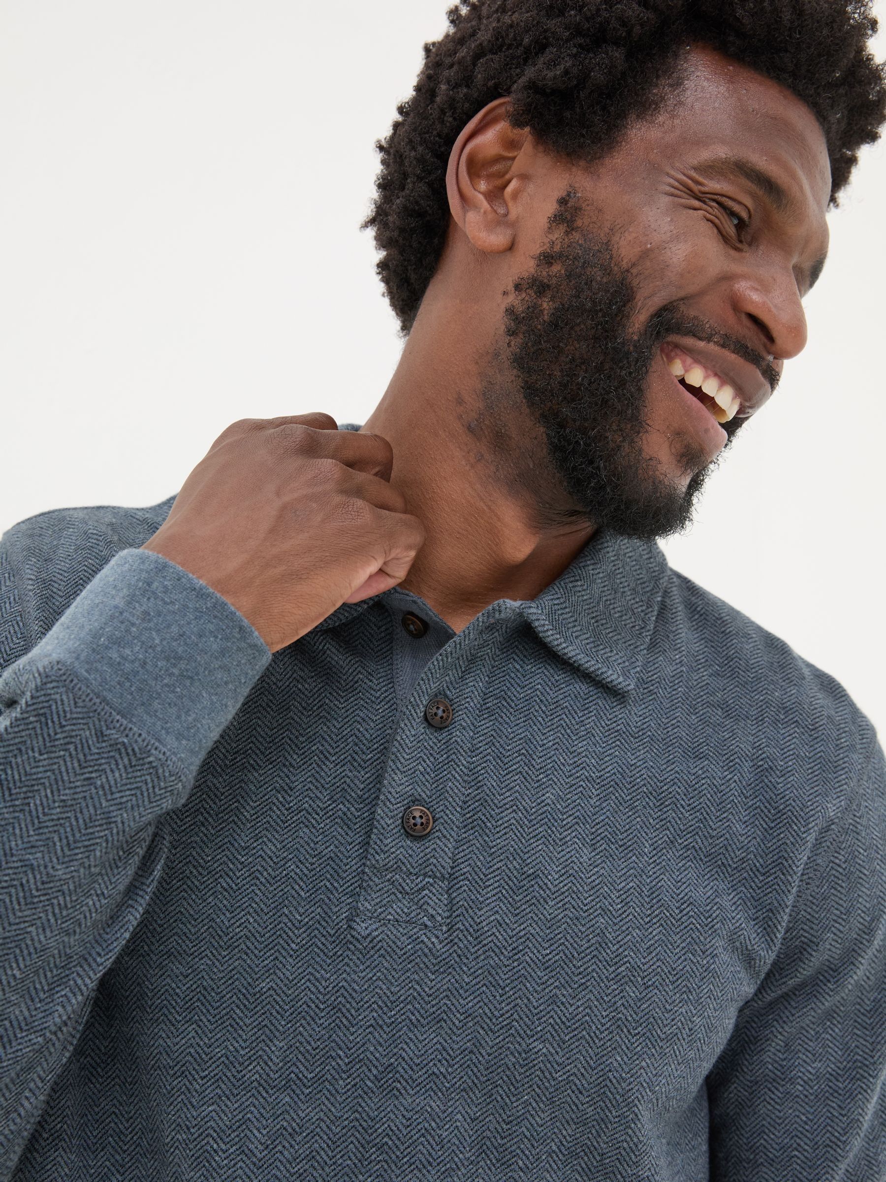 Navy Herringbone Long Sleeve Polo Shirt - Image 6 of 8