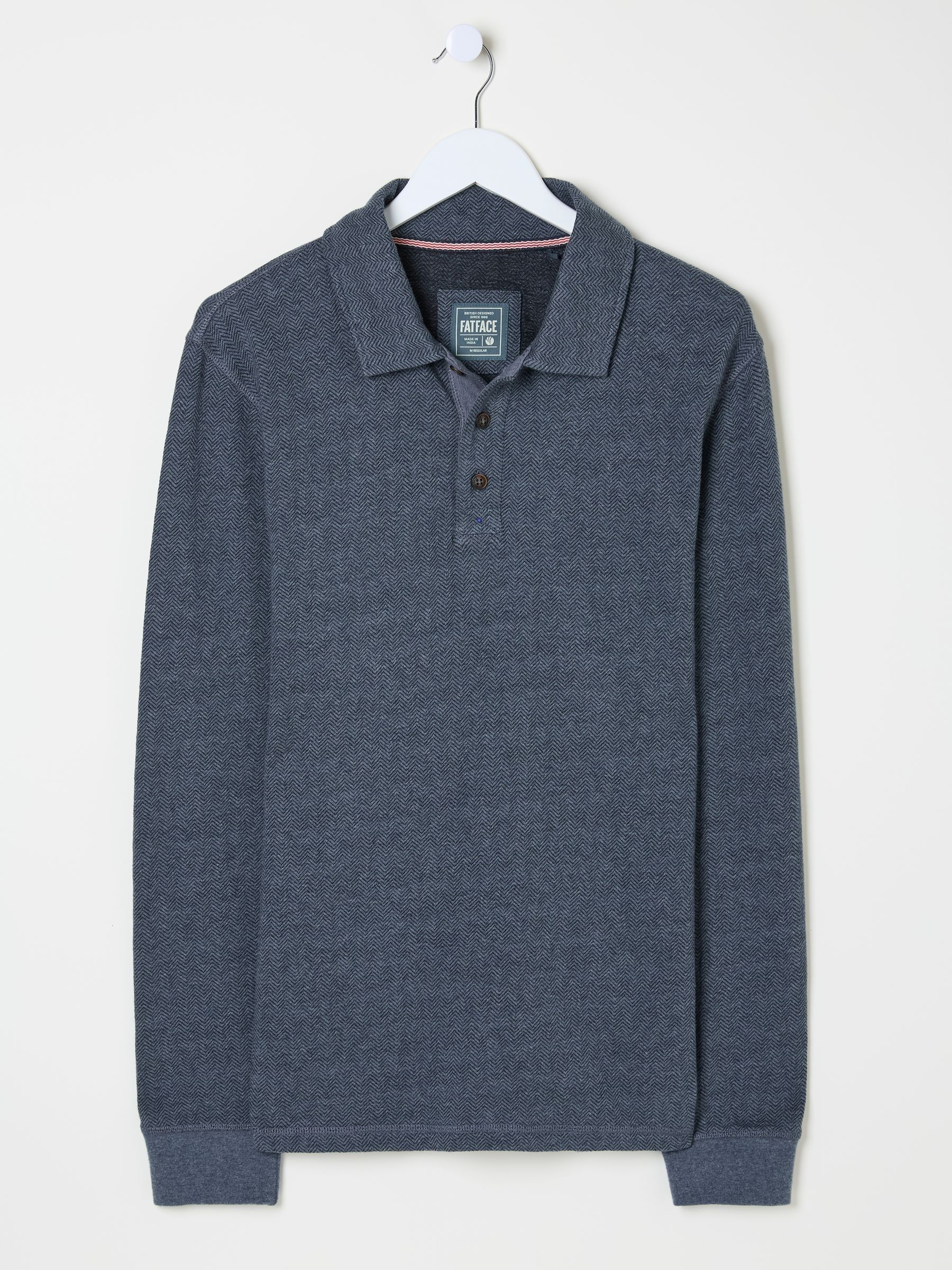 Navy Herringbone Long Sleeve Polo Shirt - Image 7 of 8