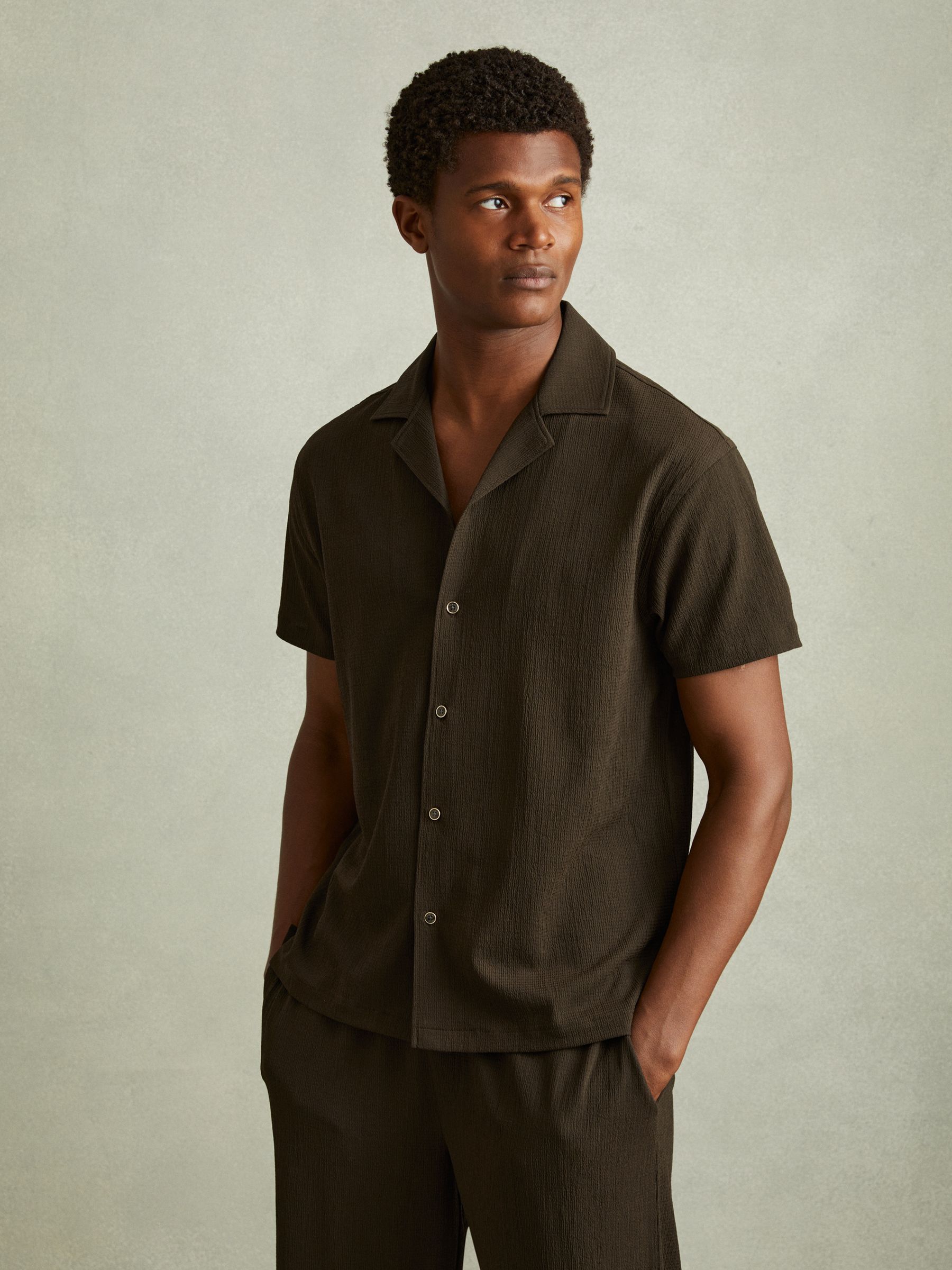 Textured Crepe Cuban Collar Shirt in Dark Olive Green - Image 1 of 6