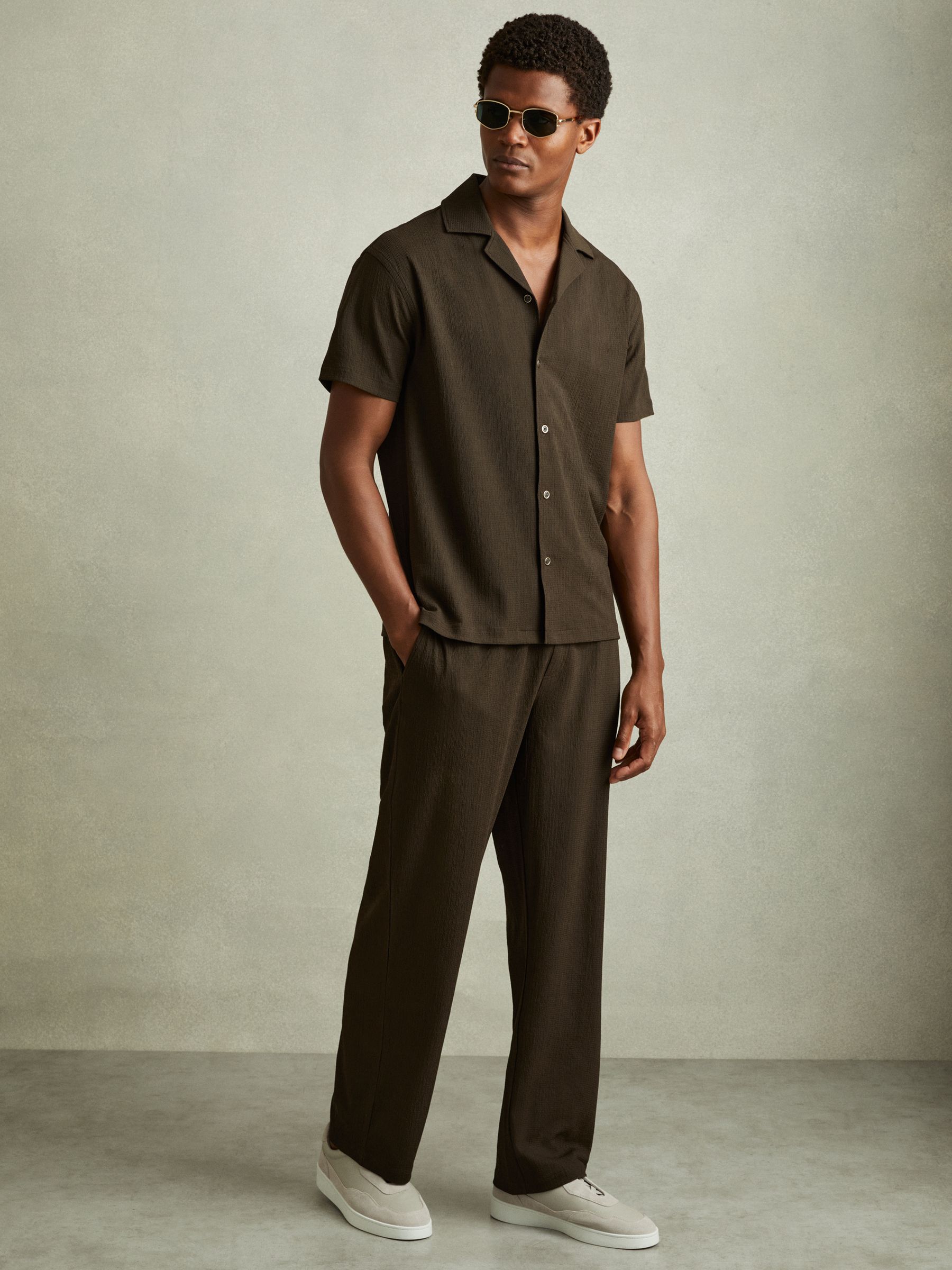 Textured Crepe Cuban Collar Shirt in Dark Olive Green - Image 3 of 6