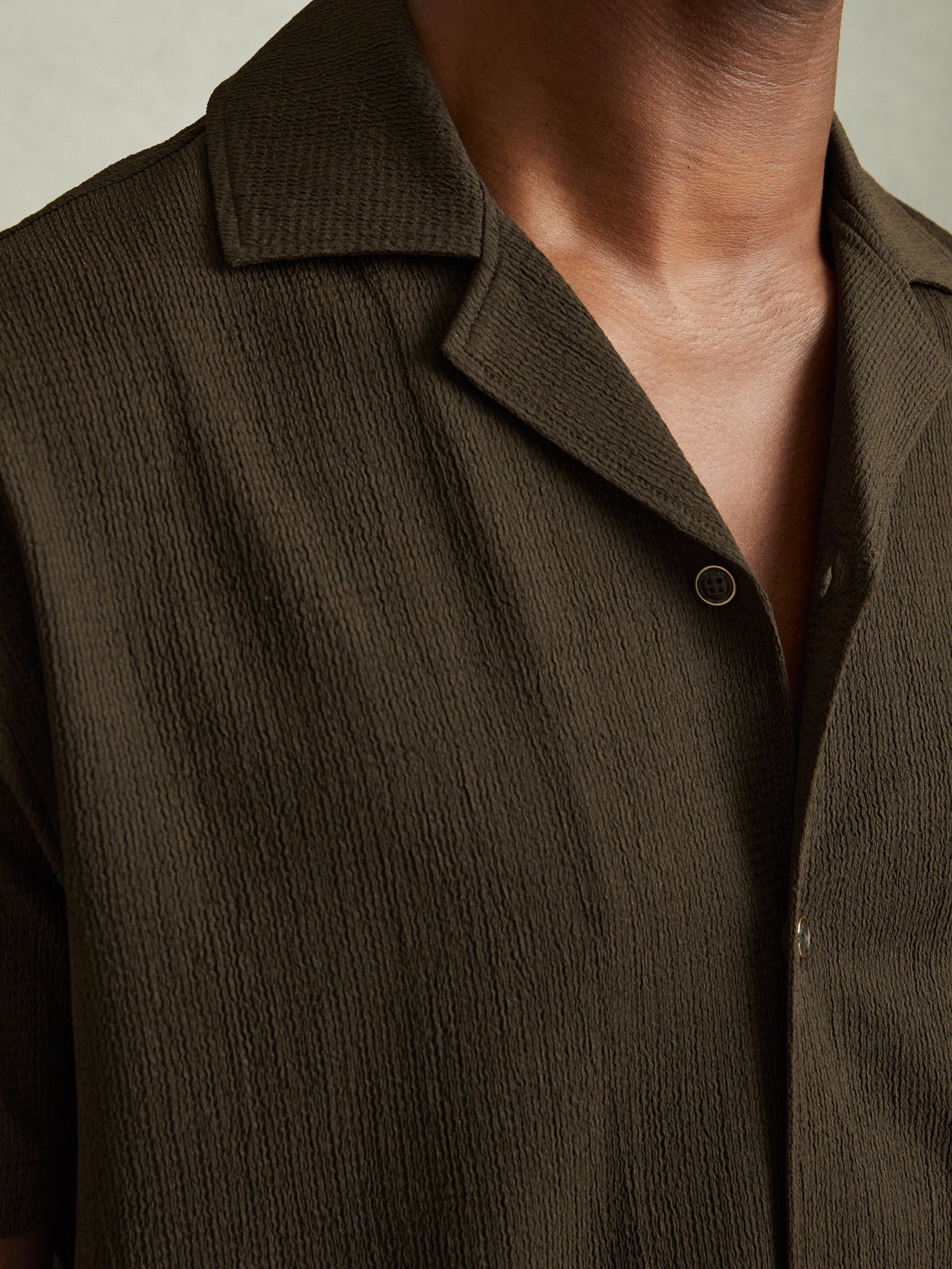 Textured Crepe Cuban Collar Shirt in Dark Olive Green - Image 4 of 6