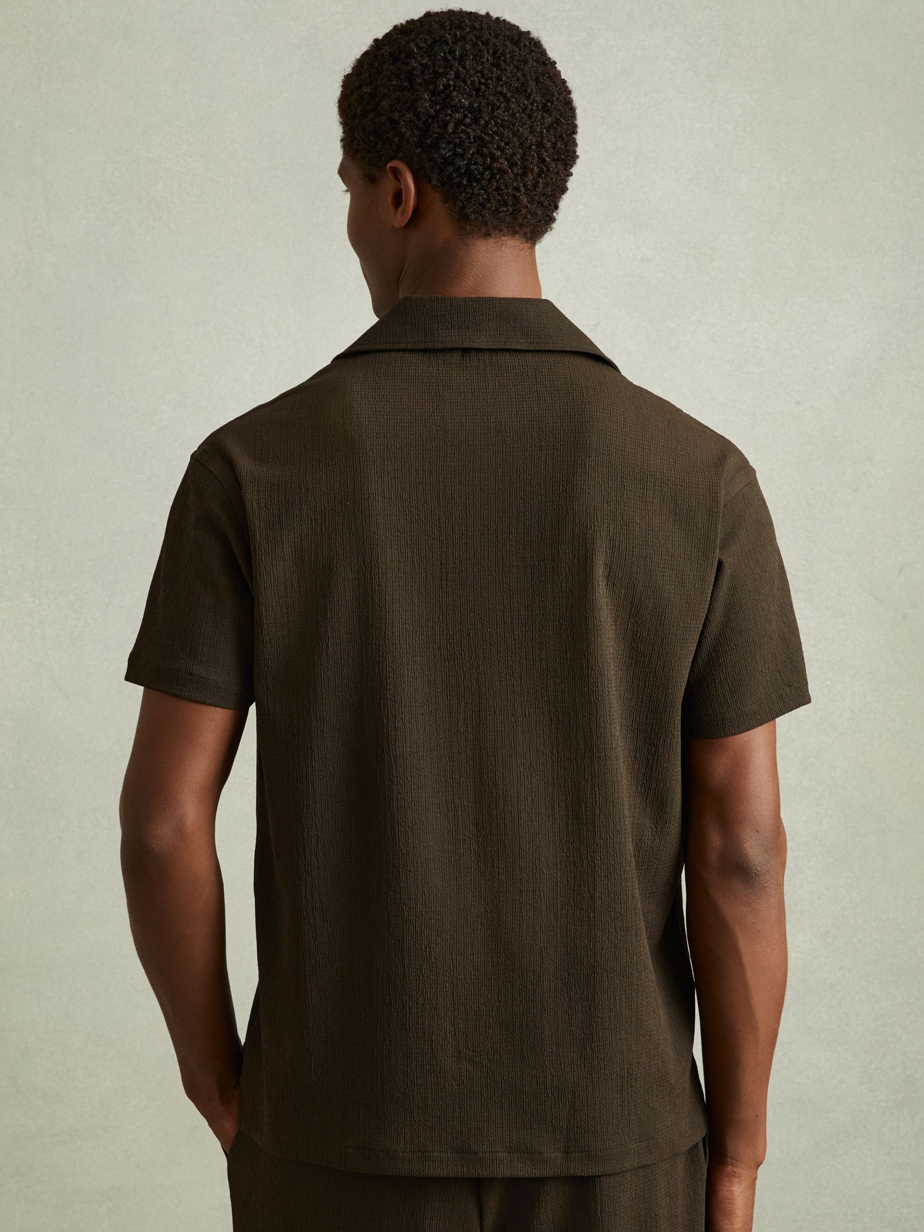 Textured Crepe Cuban Collar Shirt in Dark Olive Green - Image 5 of 6