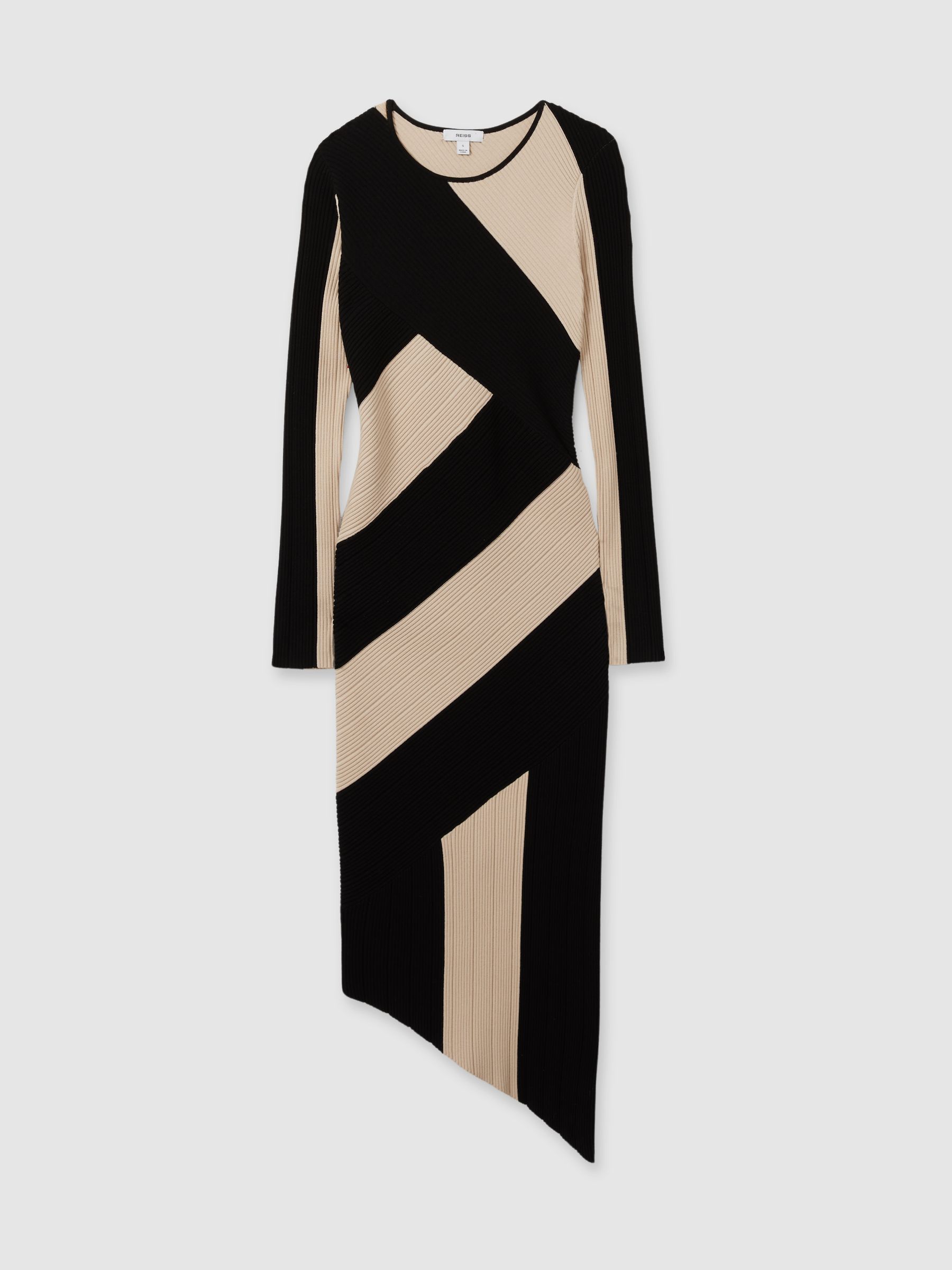 Knitted Colourblock Asymmetric Midi Dress in Black/Camel - Image 2 of 5