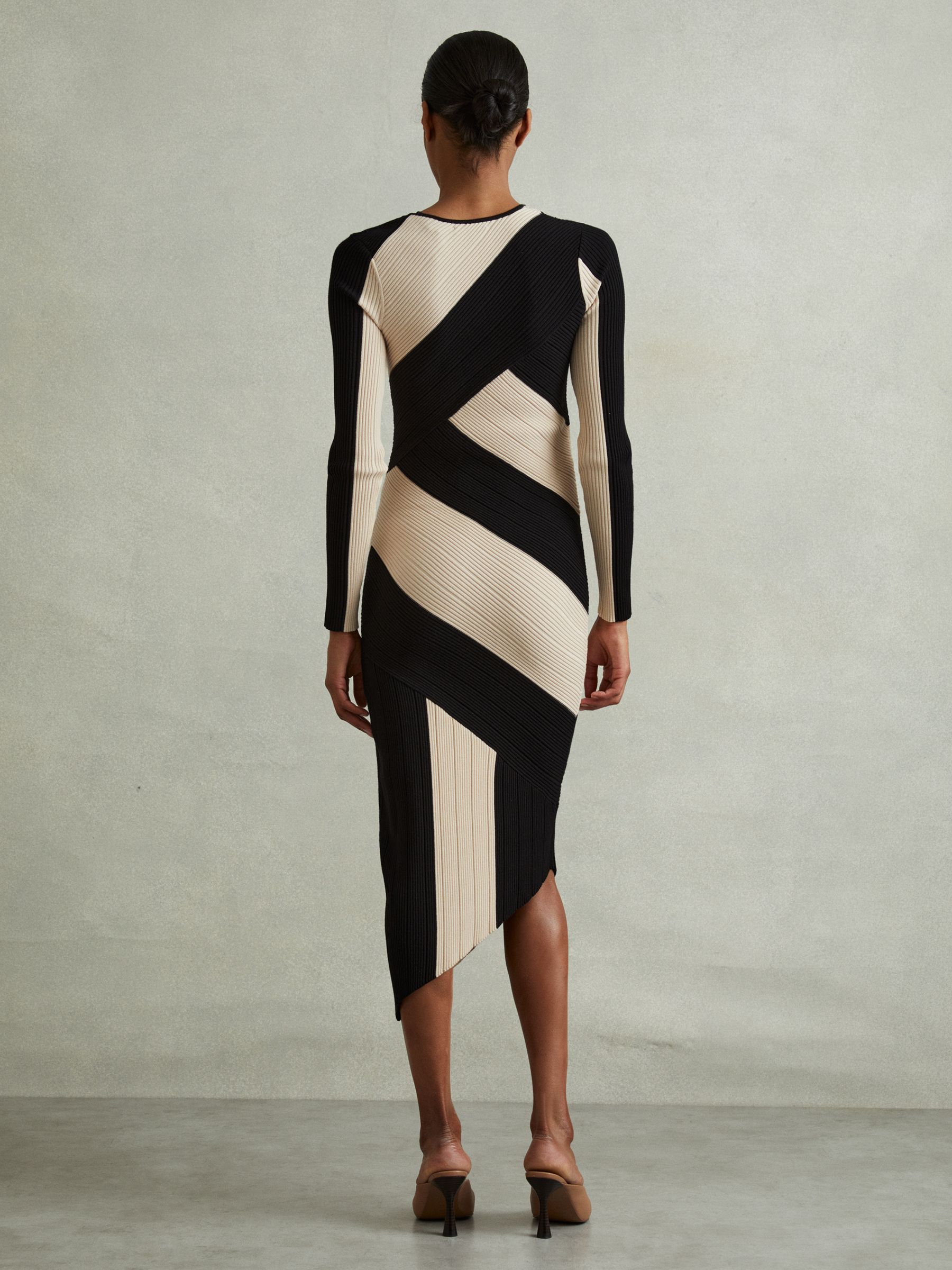 Knitted Colourblock Asymmetric Midi Dress in Black/Camel - Image 4 of 5