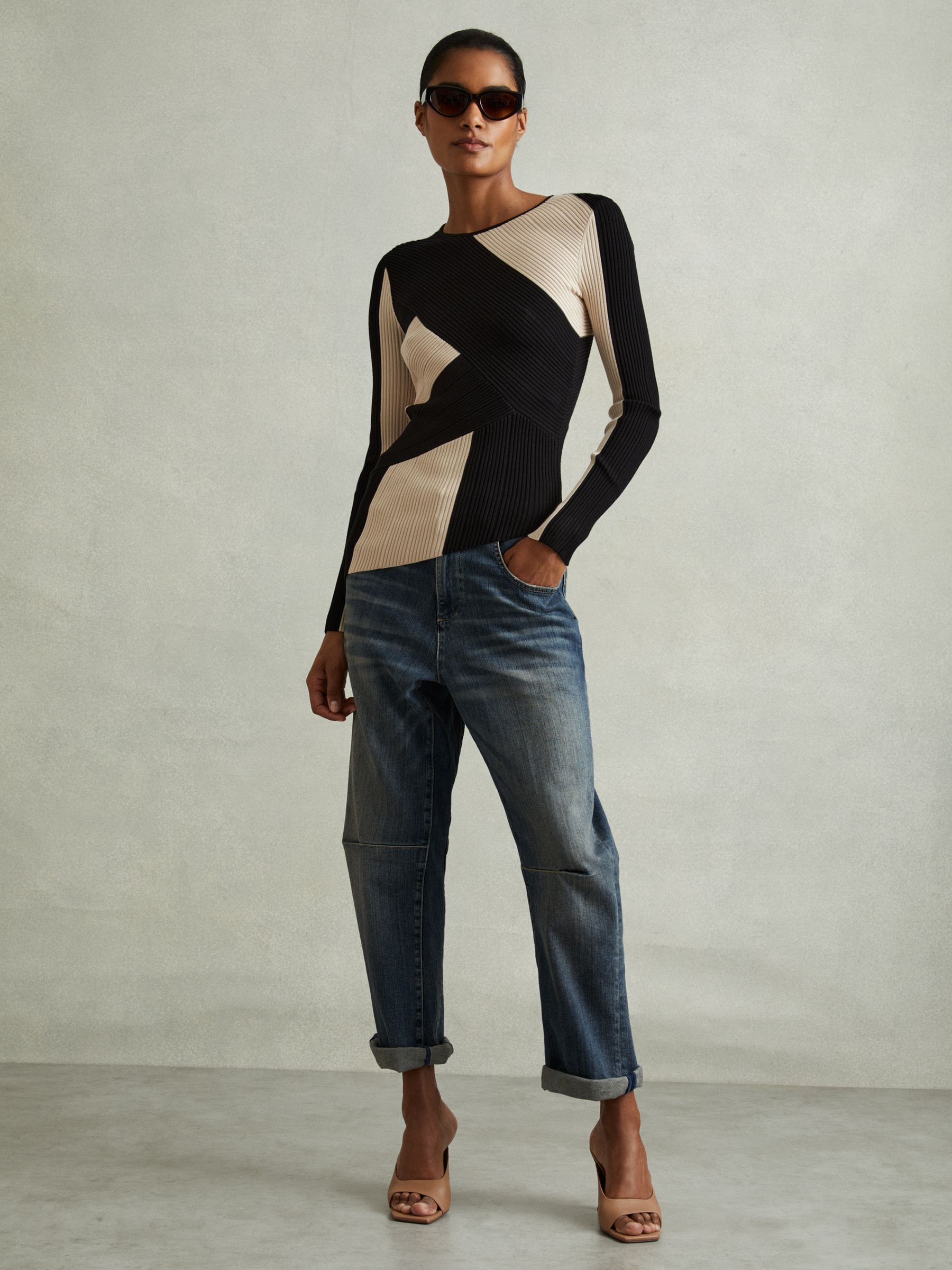 Reiss Judy Black/Camel Knitted Colourblock Asymmetric Top | REISS