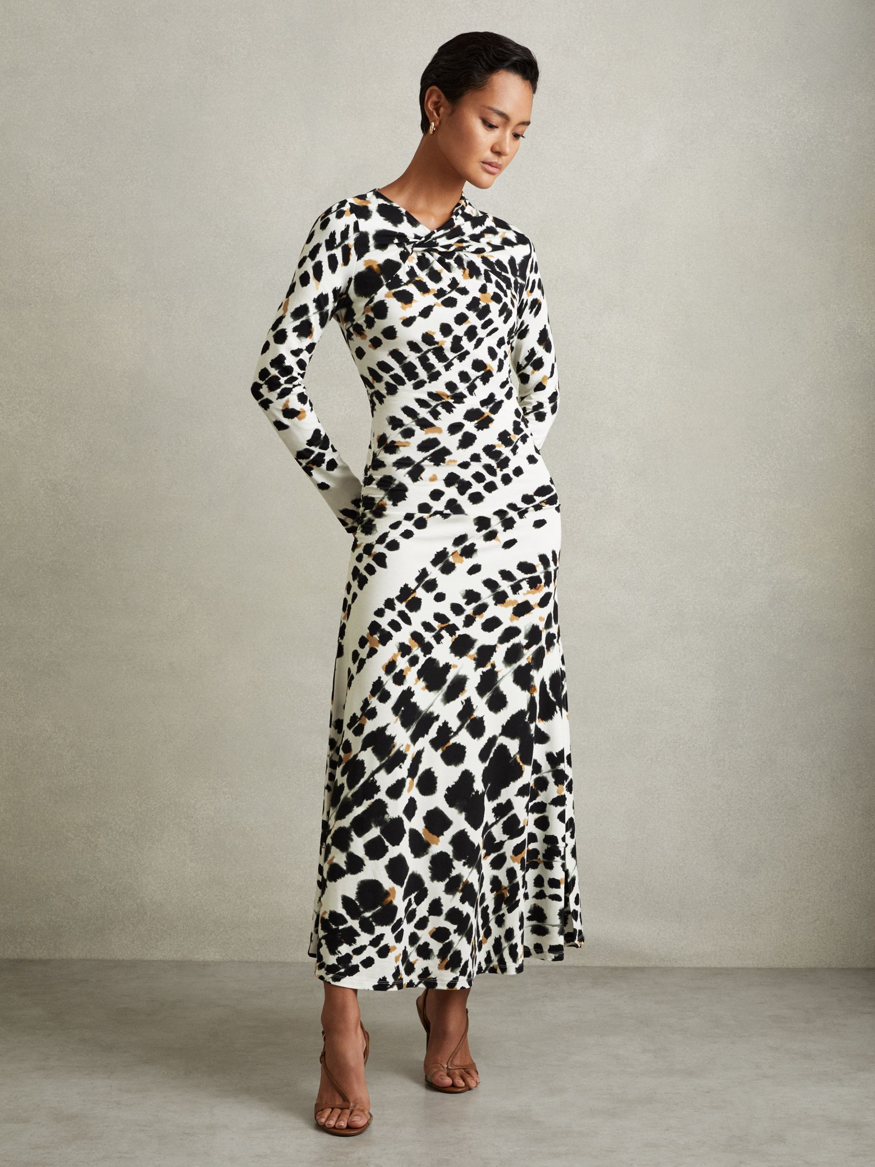 Vanita Black/White Printed Jersey Twist Detail Midi Dress - Image 1 of 5