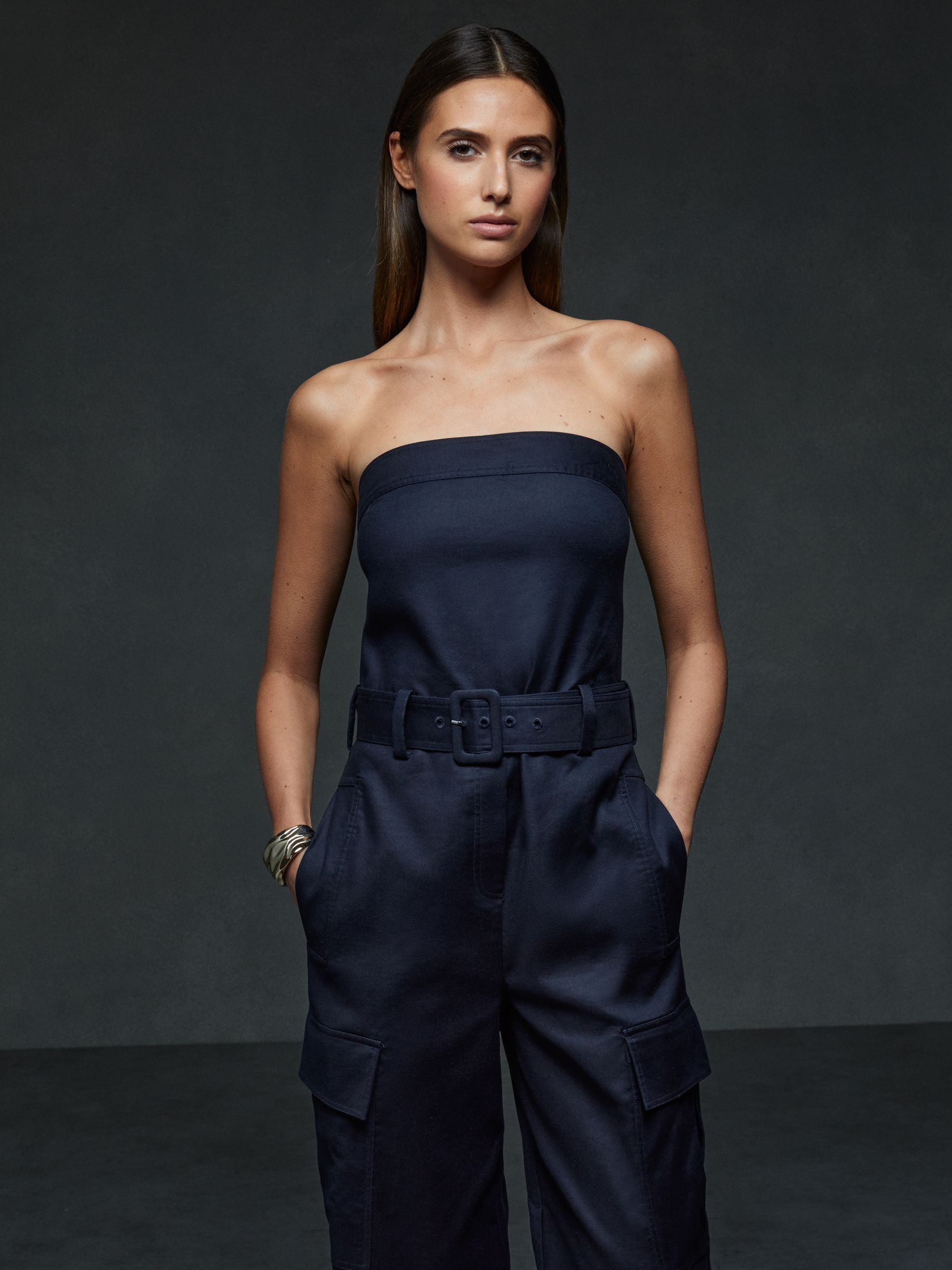 Lois Navy Strapless Belted Wide Leg Jumpsuit - Image 6 of 7