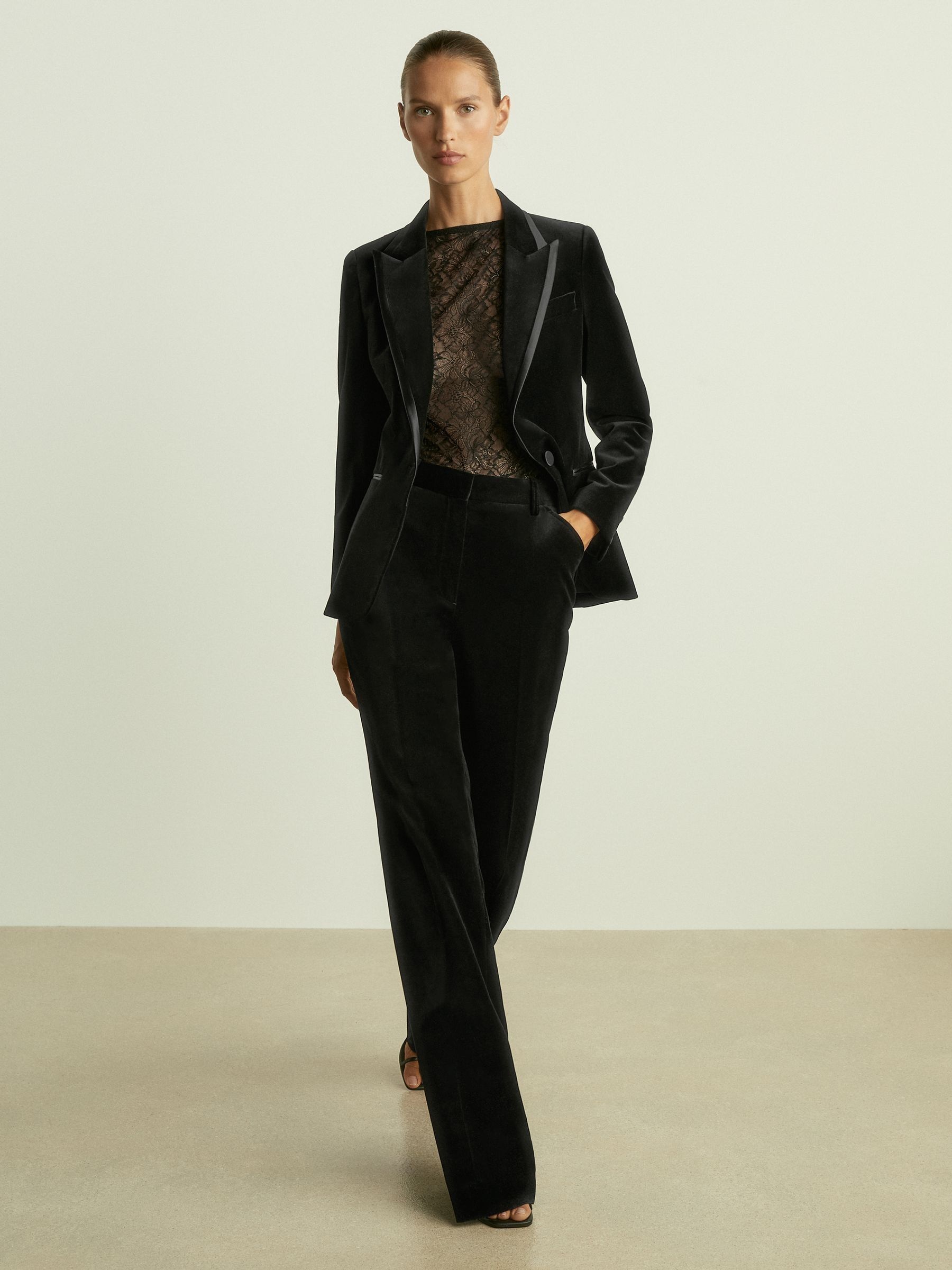 black velvet dress pants womens Reiss Petite Flared Suit Trousers in Boho puffy bow tie Loosely Fitted Select Size:XS size:43.5