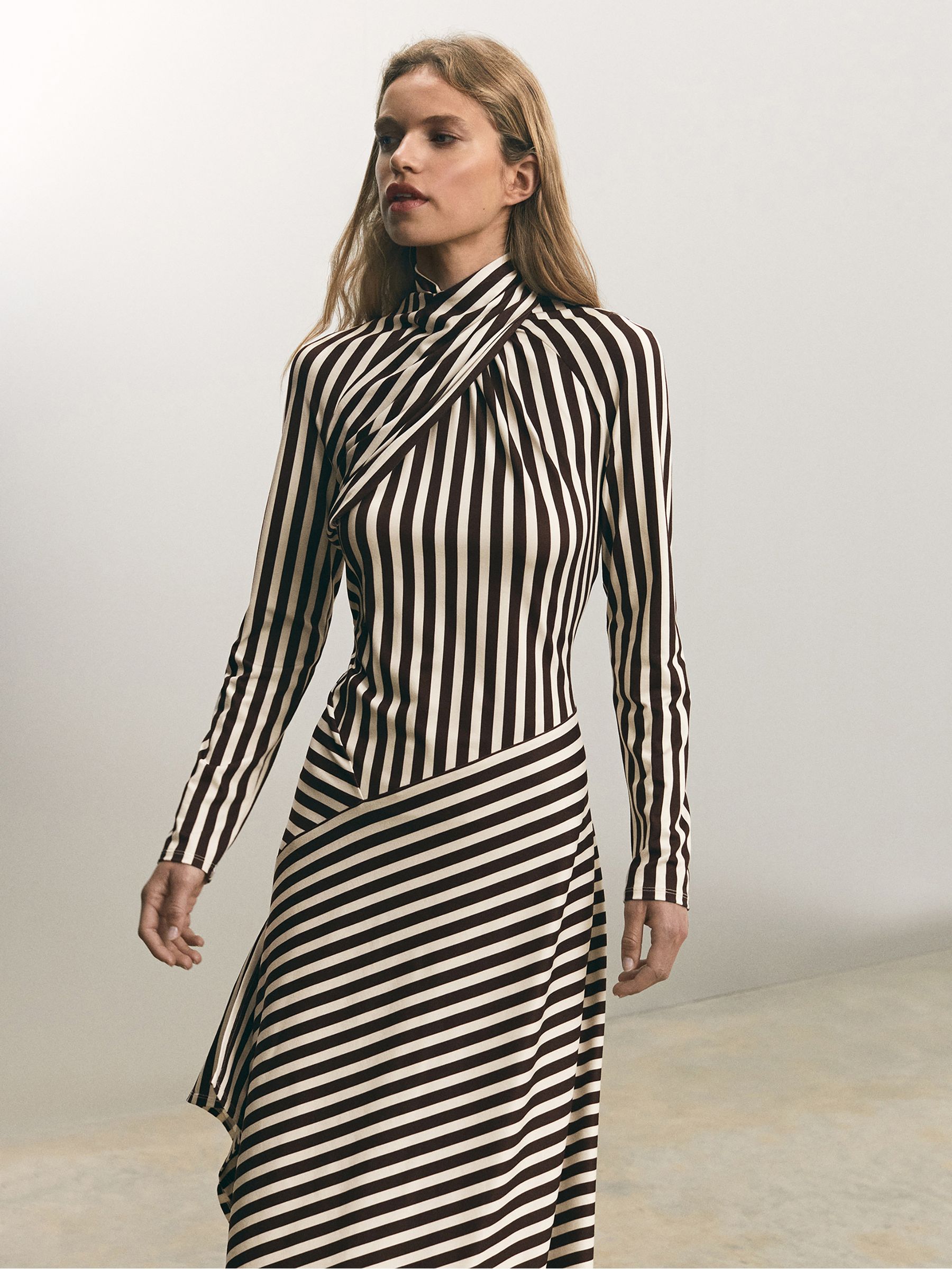 Cat Brown/Cream Striped Jersey Asymmetric Midi Dress - Image 1 of 6