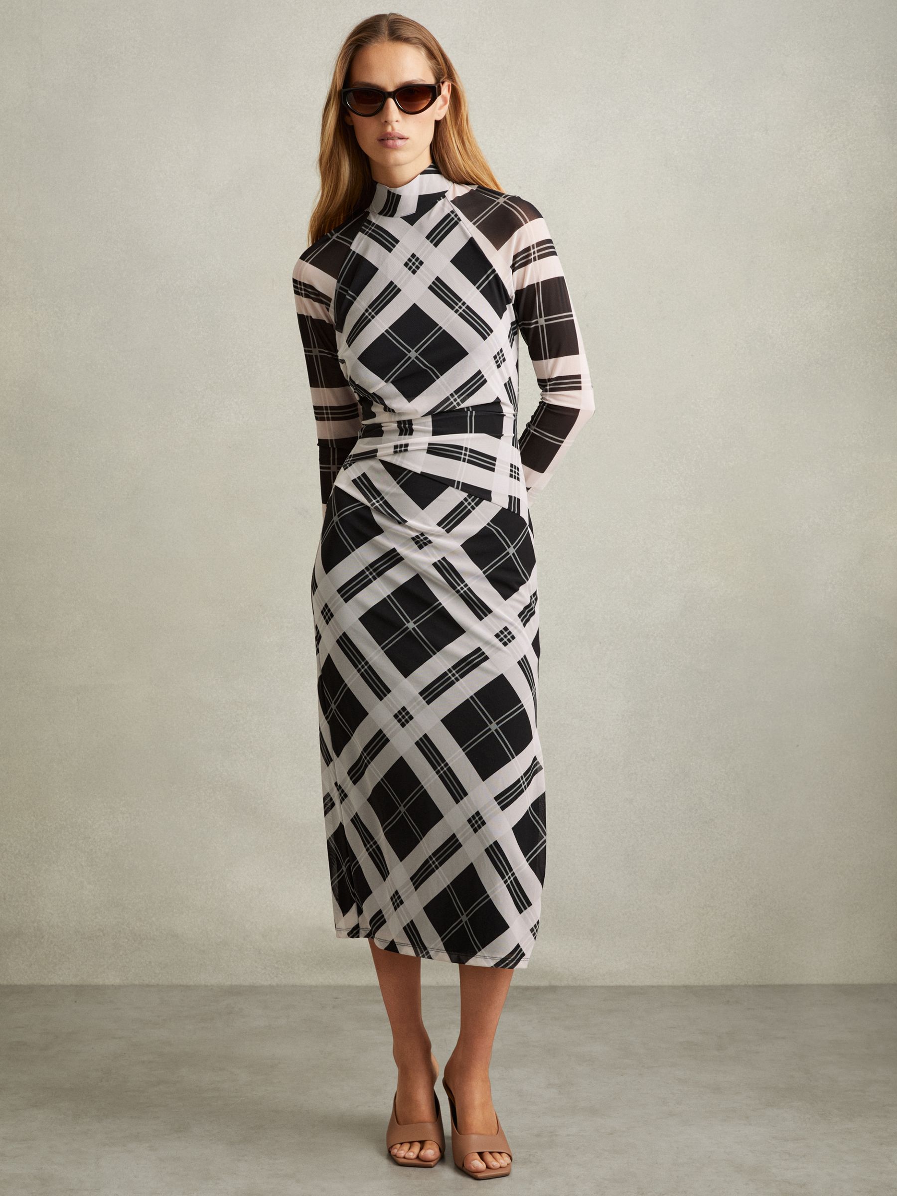 Darla Black/Ivory Checked Ruched Midi Dress - Image 1 of 5