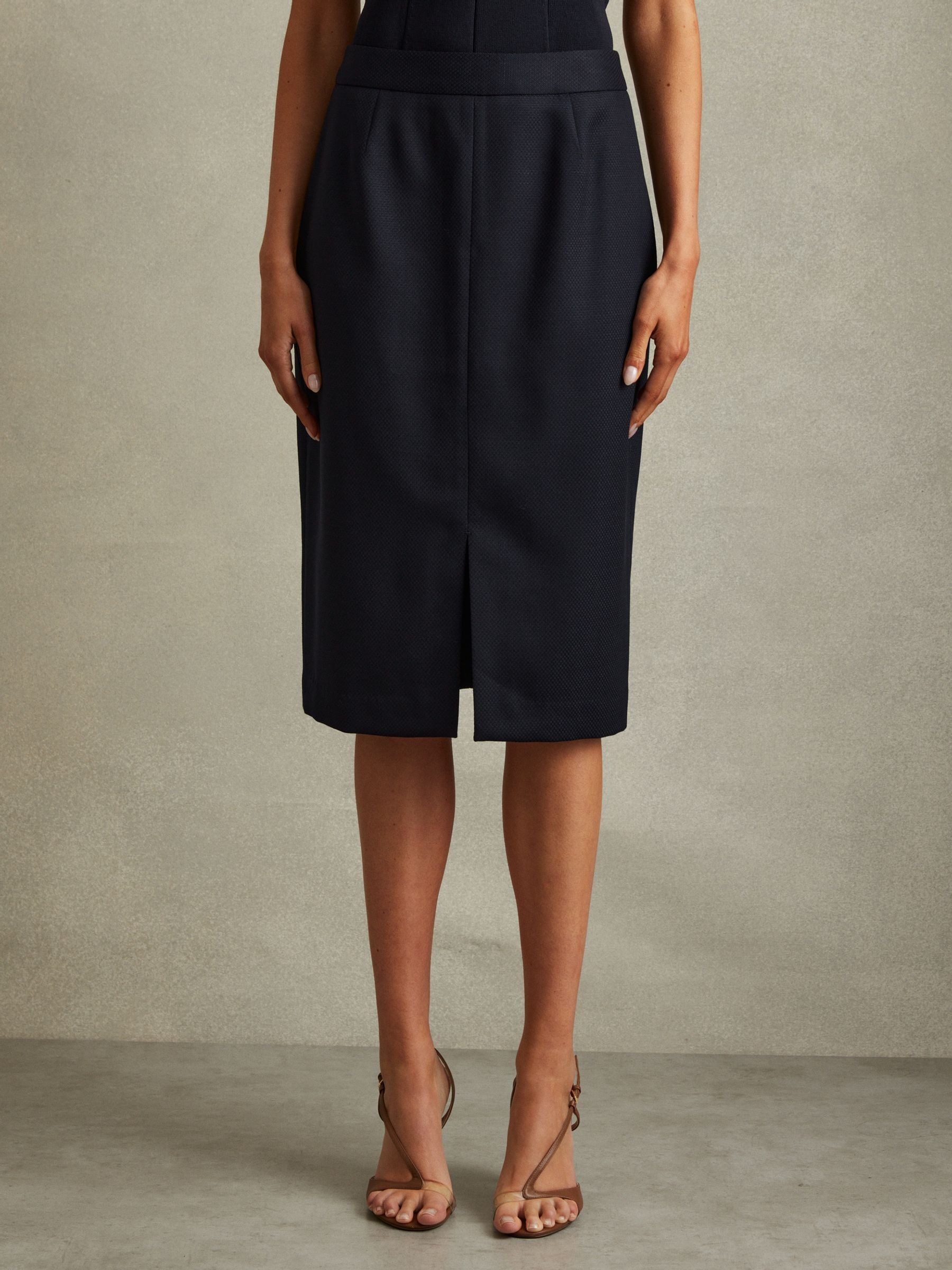 Petite Textured Pencil Midi Suit Skirt in Navy - Image 1 of 7