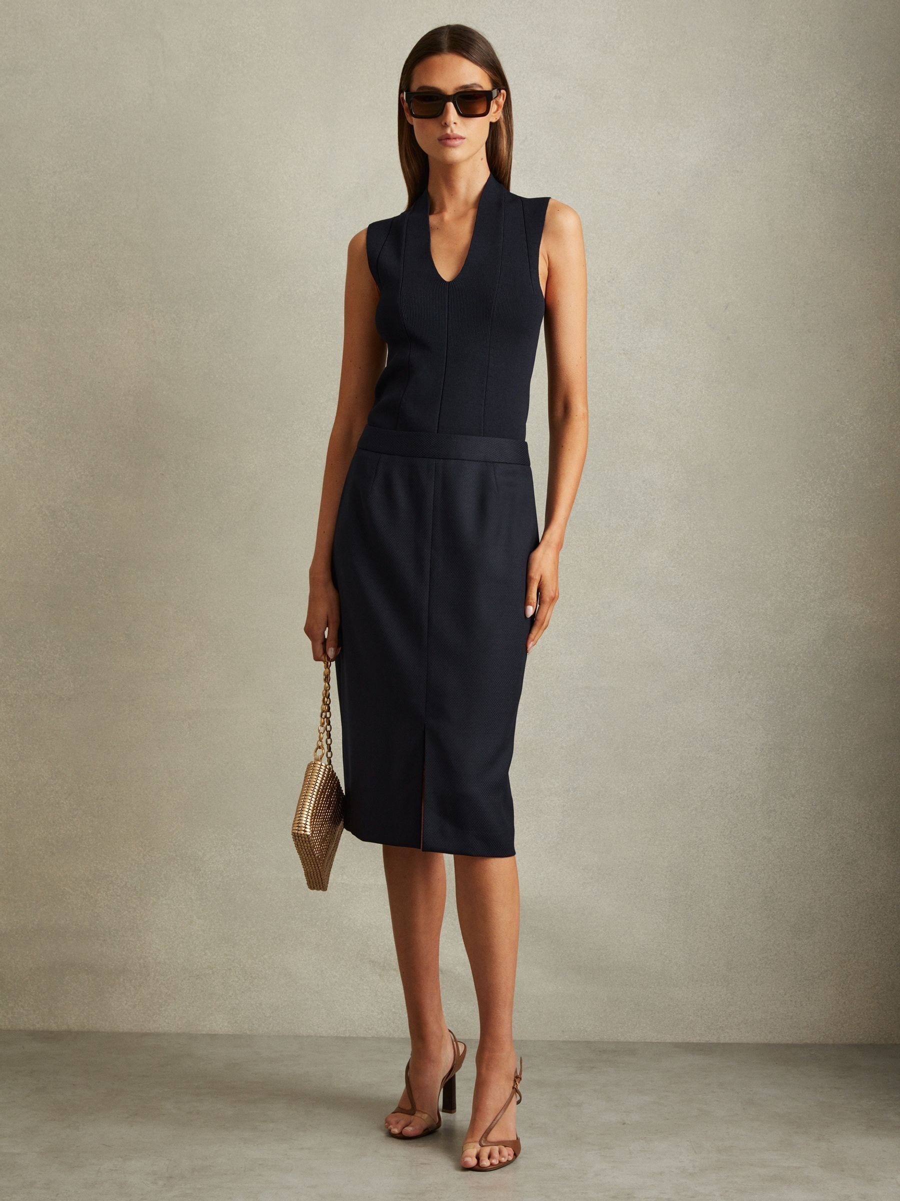 Petite Textured Pencil Midi Suit Skirt in Navy - Image 3 of 7