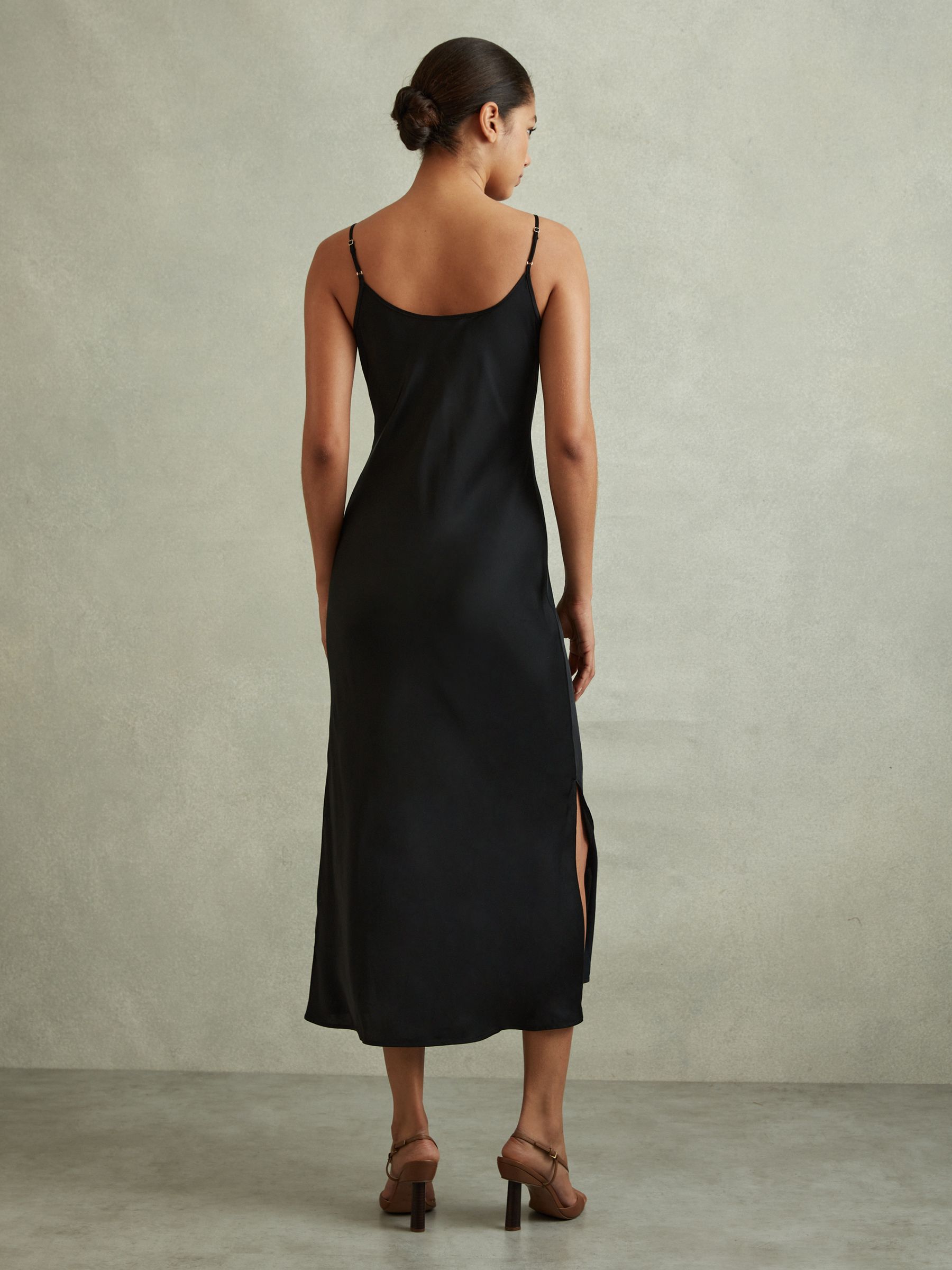 reiss black silk dress Reiss Satin Cowl Neck Midi Dress in Black