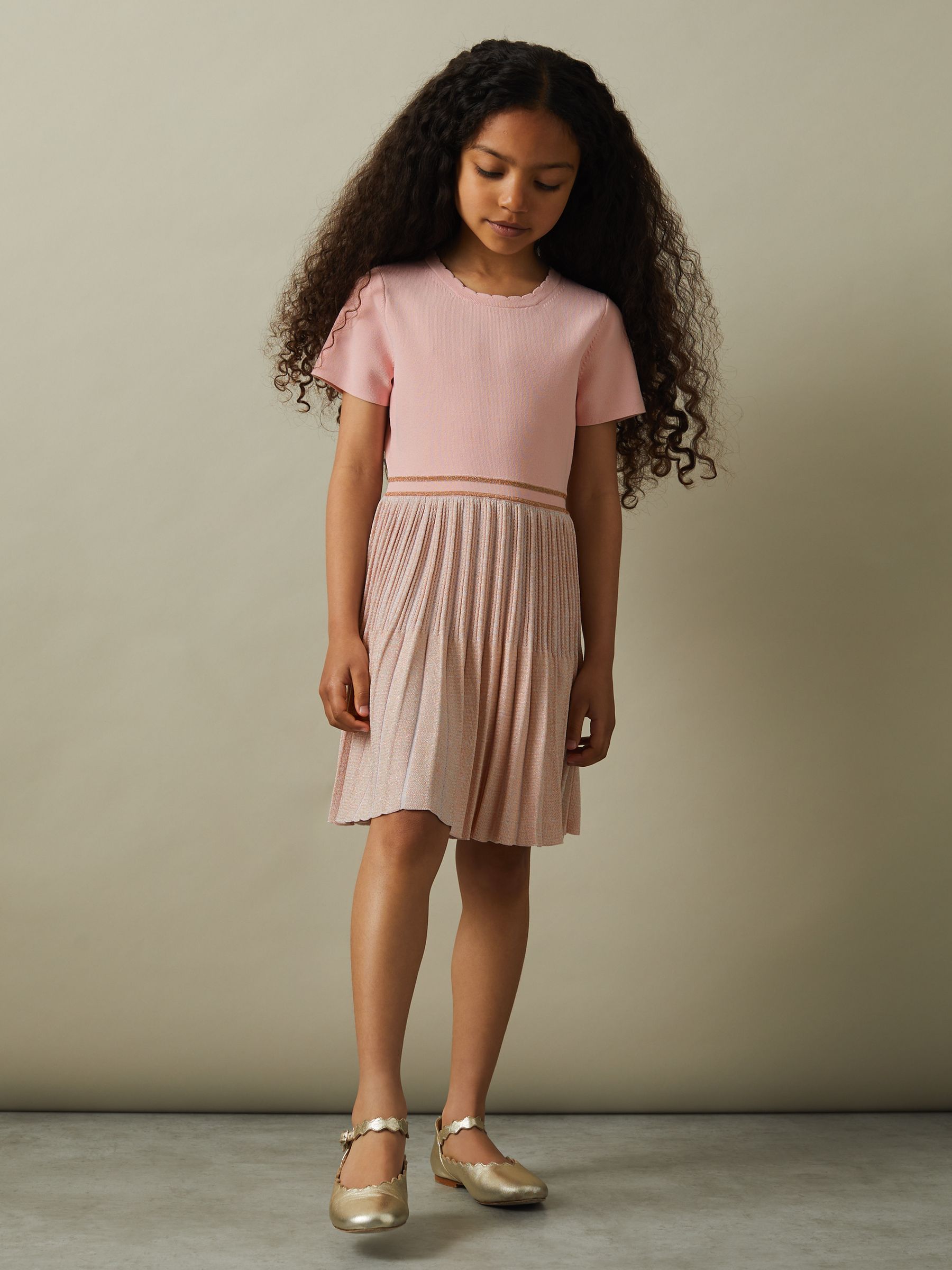 13-14 yrs Metallic Pleated Knitted Dress in Pink - Image 2 of 4