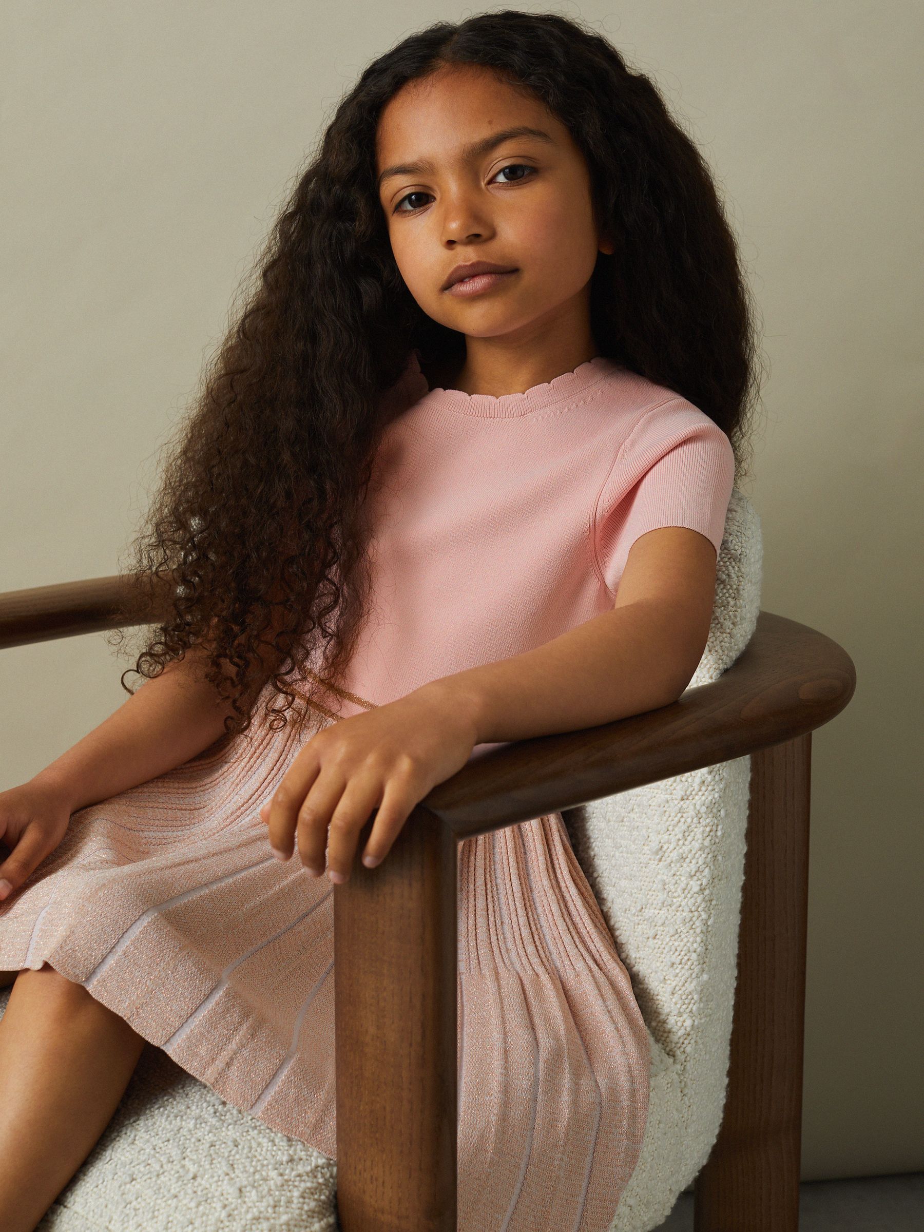 9-13 yrs Metallic Pleated Knitted Dress in Pink - Image 1 of 4