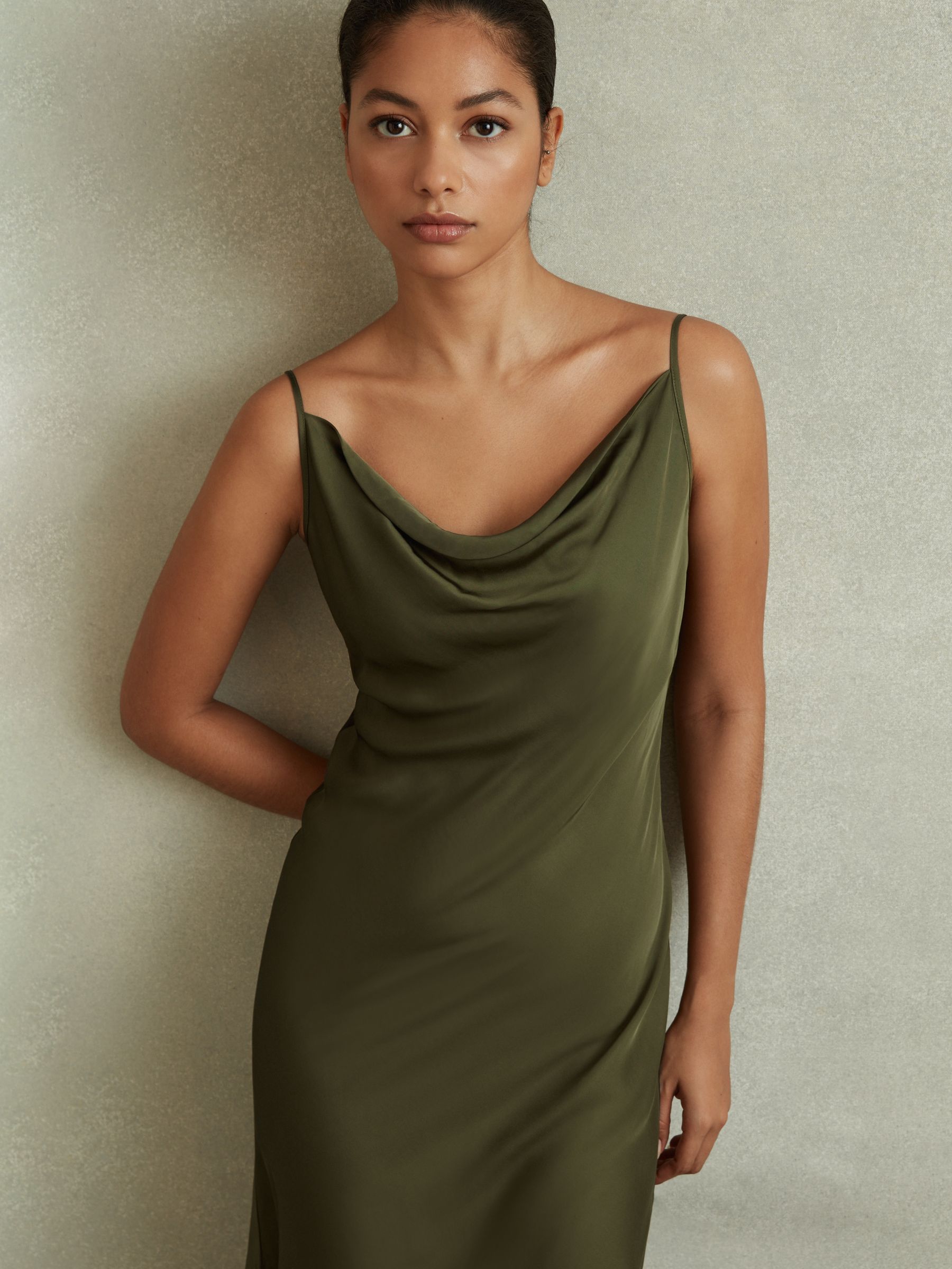 Satin Cowl Neck Midi Dress in Khaki - Image 3 of 5