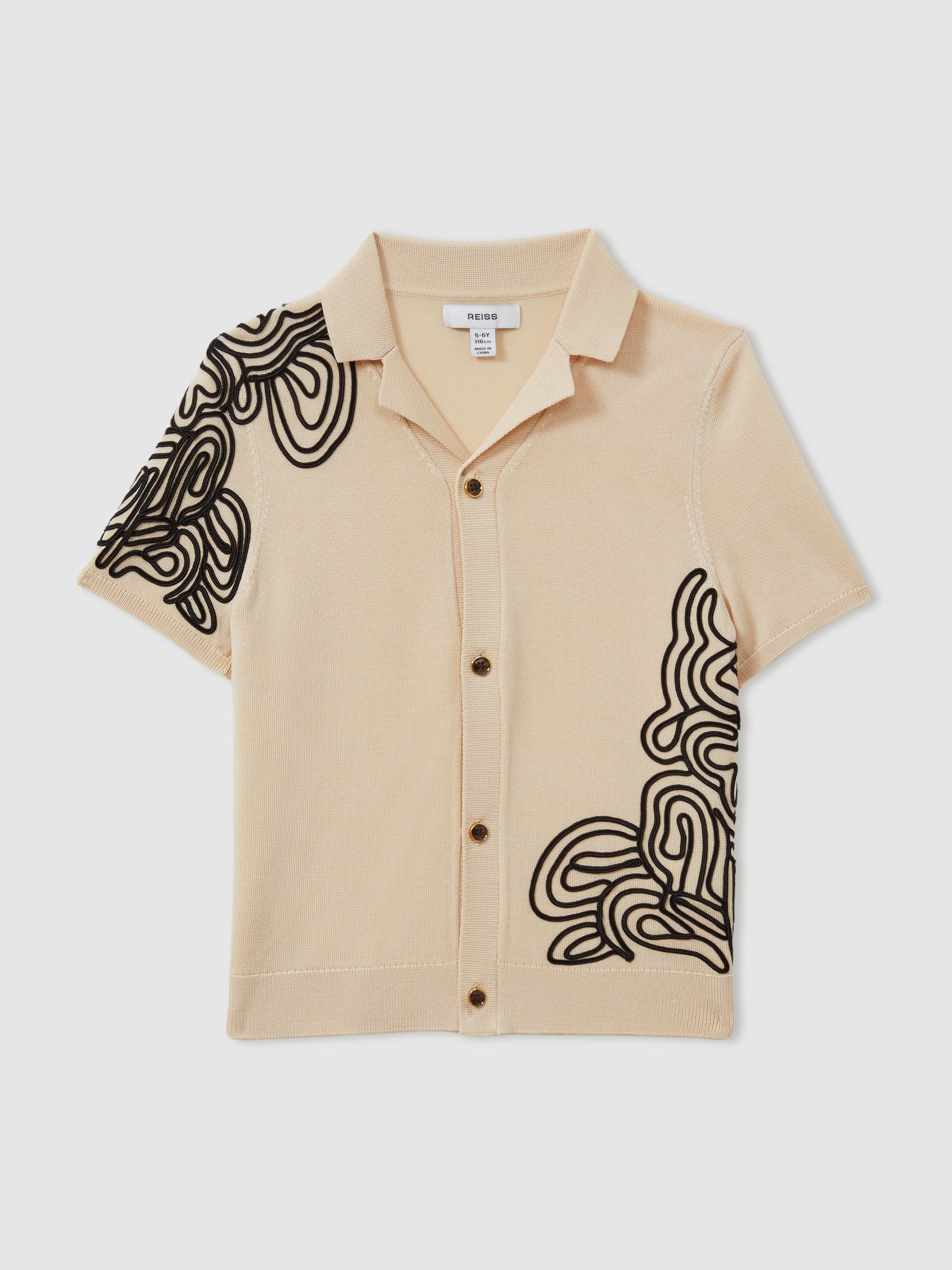 Teen Jersey Embroidered Cuban Collar Shirt in Off White/Black - Image 1 of 3