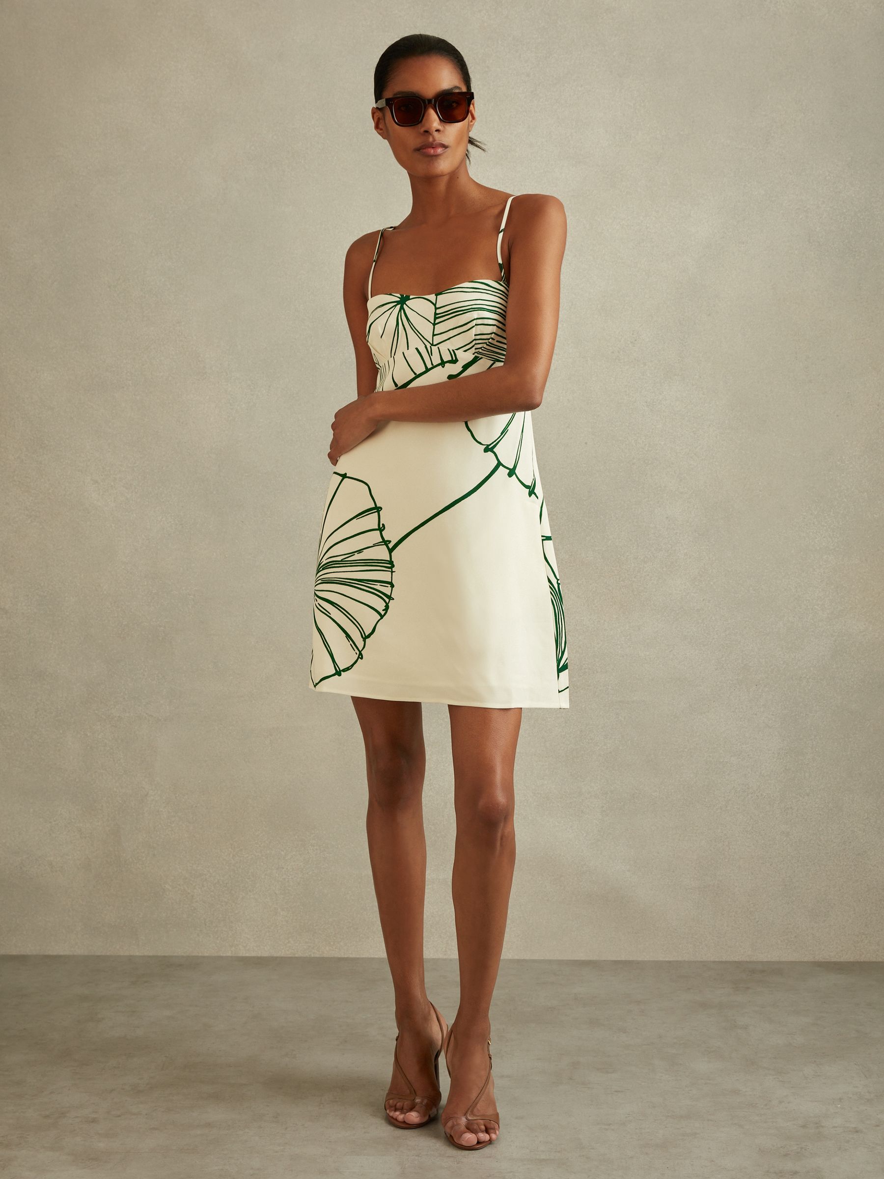 Reiss Floral Sketch Removable Strap Mini Dress in White/Green - REISS