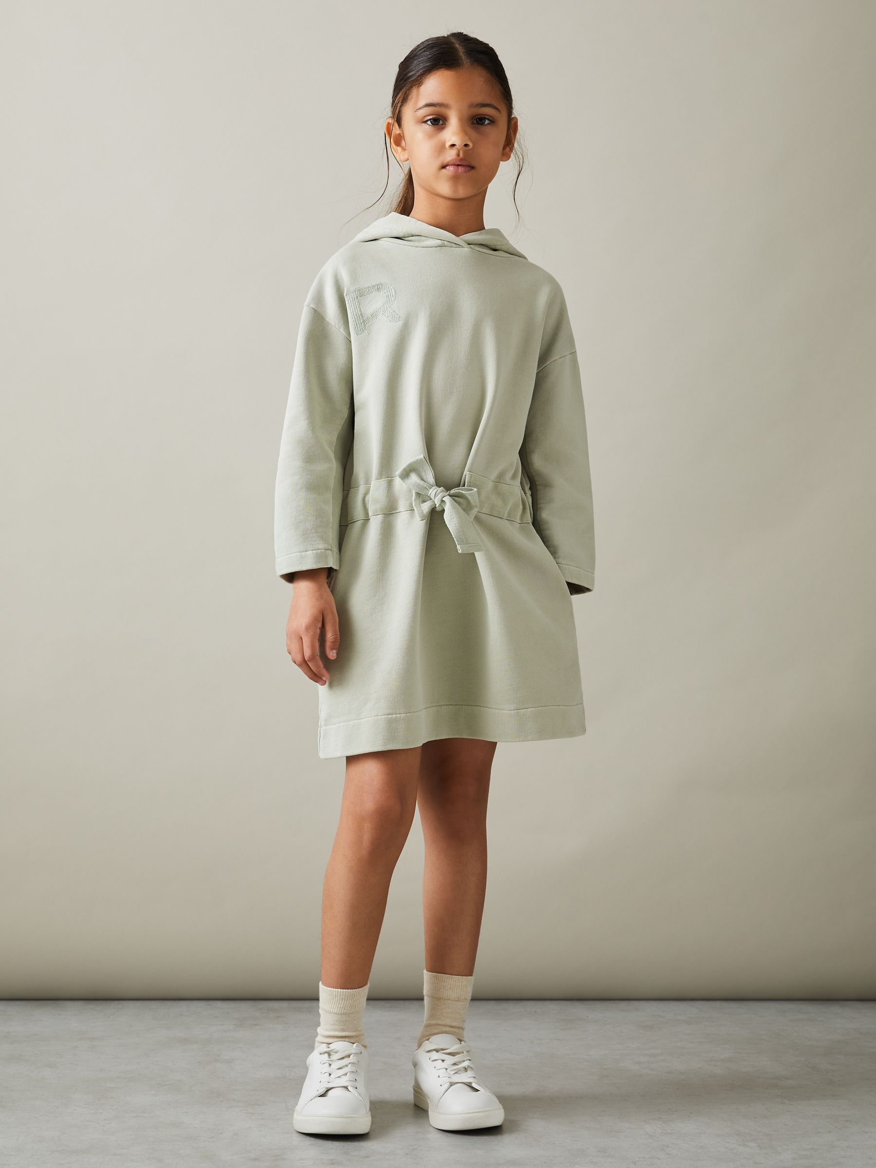 4-9 yrs Cotton Hooded Logo Dress in Sage - Image 1 of 4