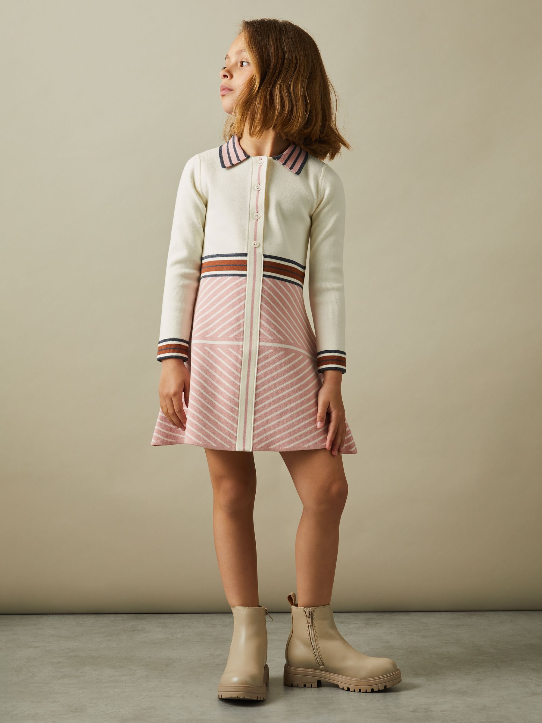 13-14 yrs Knitted Striped Collar Dress in Pink - Image 2 of 4