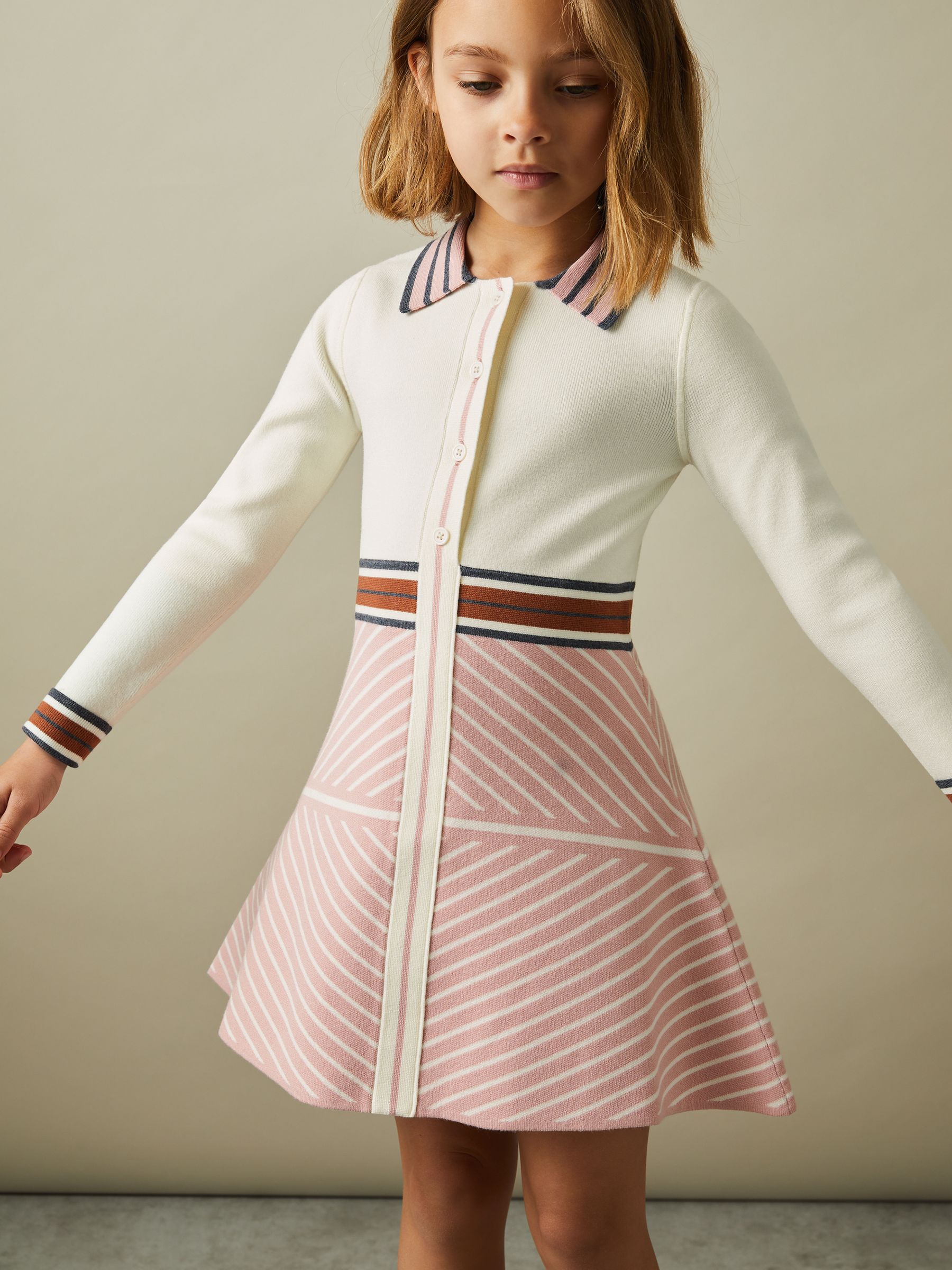 13-14 yrs Knitted Striped Collar Dress in Pink - Image 3 of 4