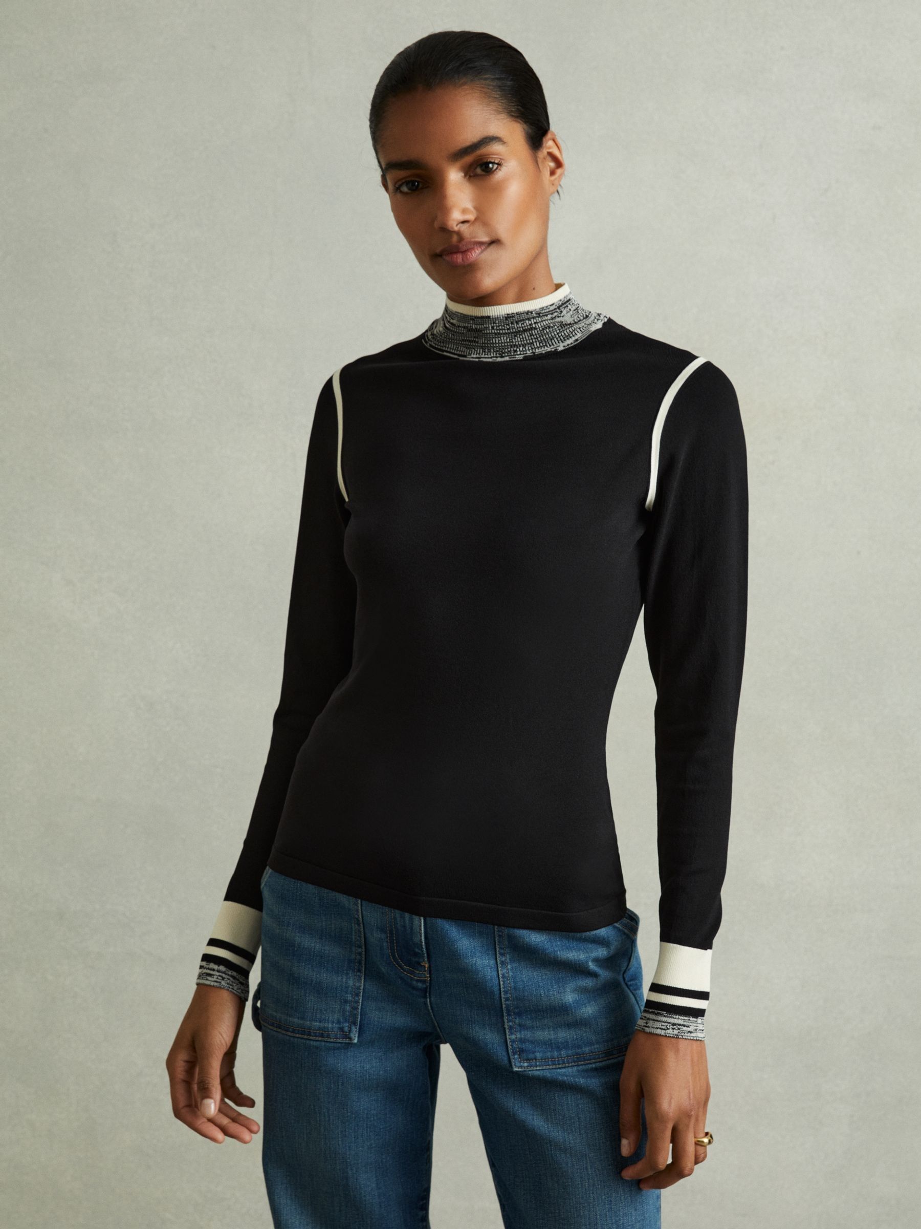 Knitted Contrast High Neck Jumper in Black/Cream - Image 1 of 5