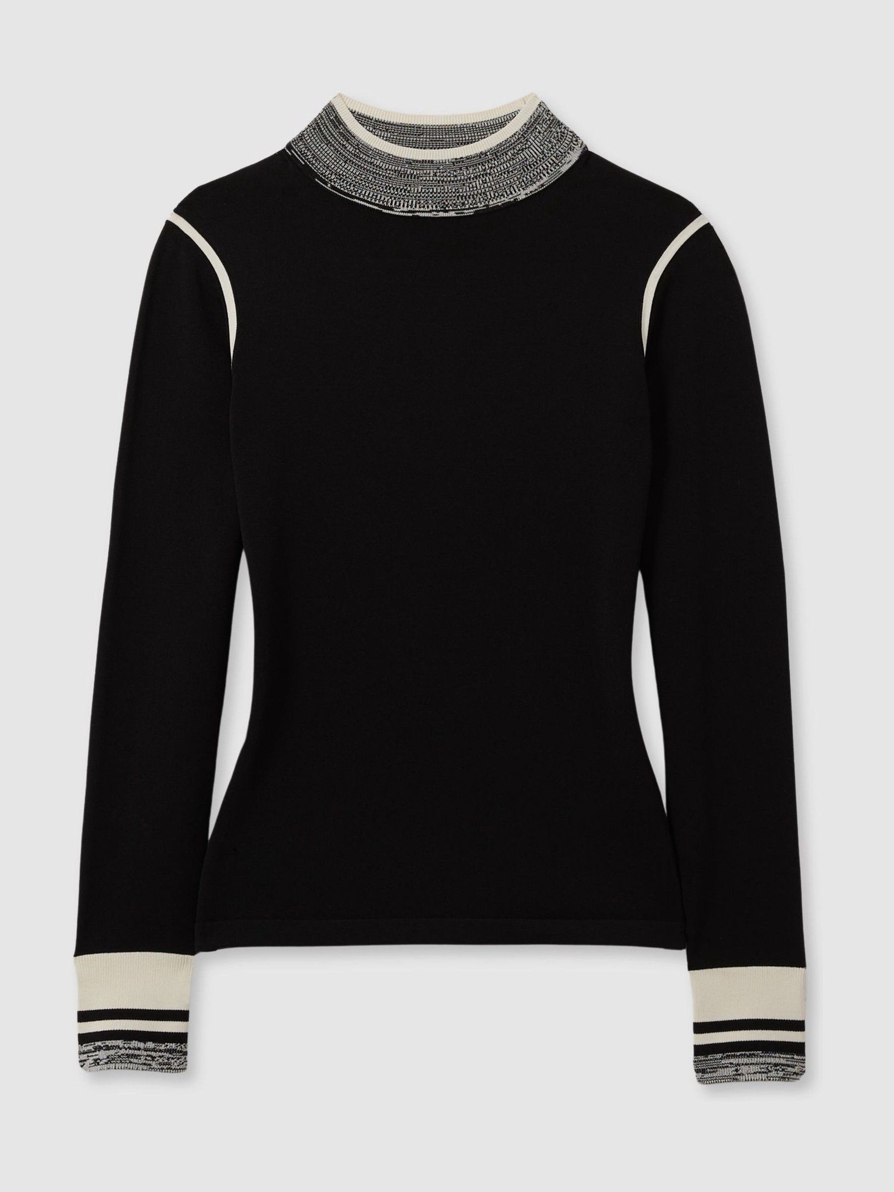 Knitted Contrast High Neck Jumper in Black/Cream - Image 2 of 5