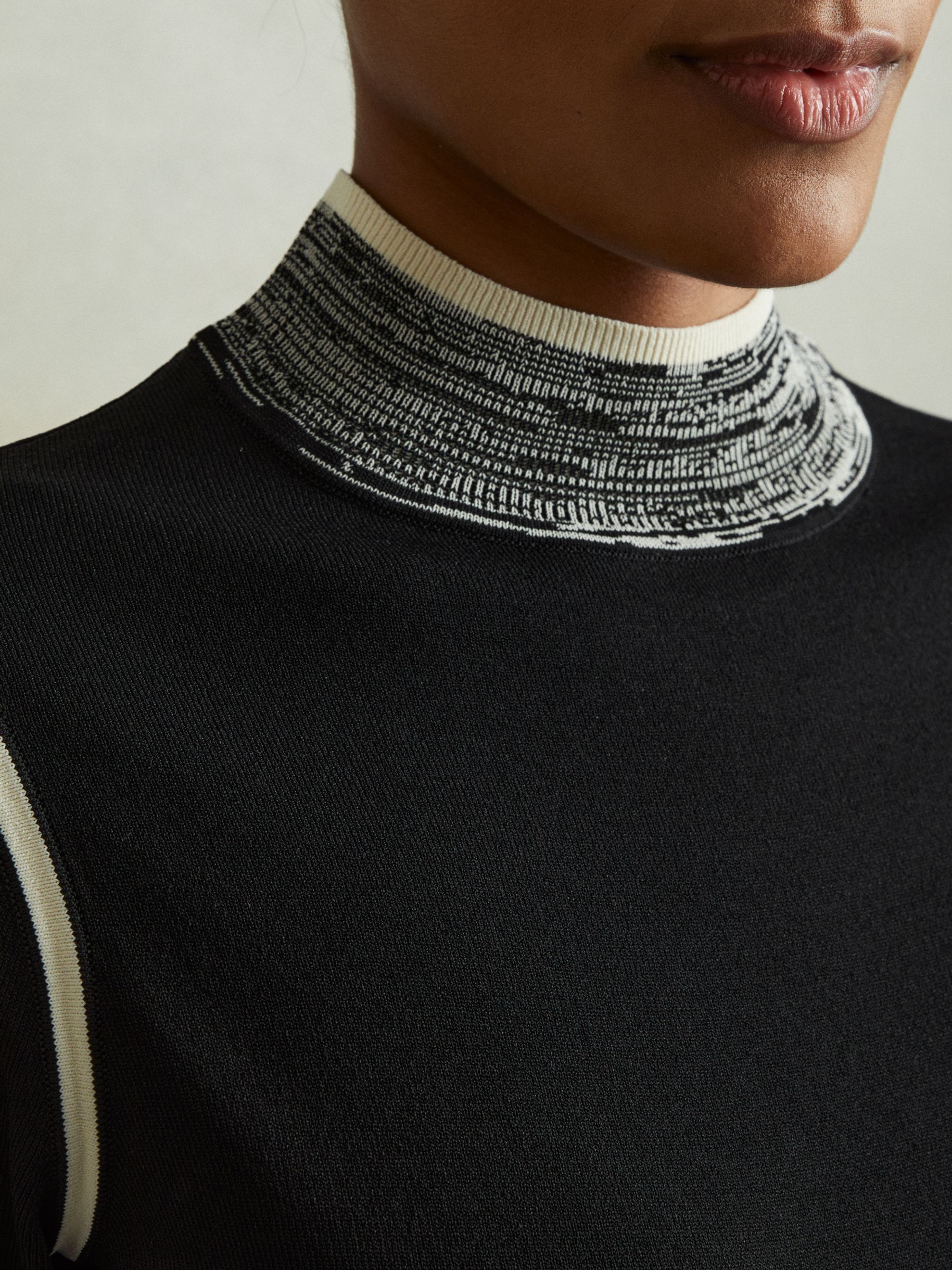 Knitted Contrast High Neck Jumper in Black/Cream - Image 3 of 5
