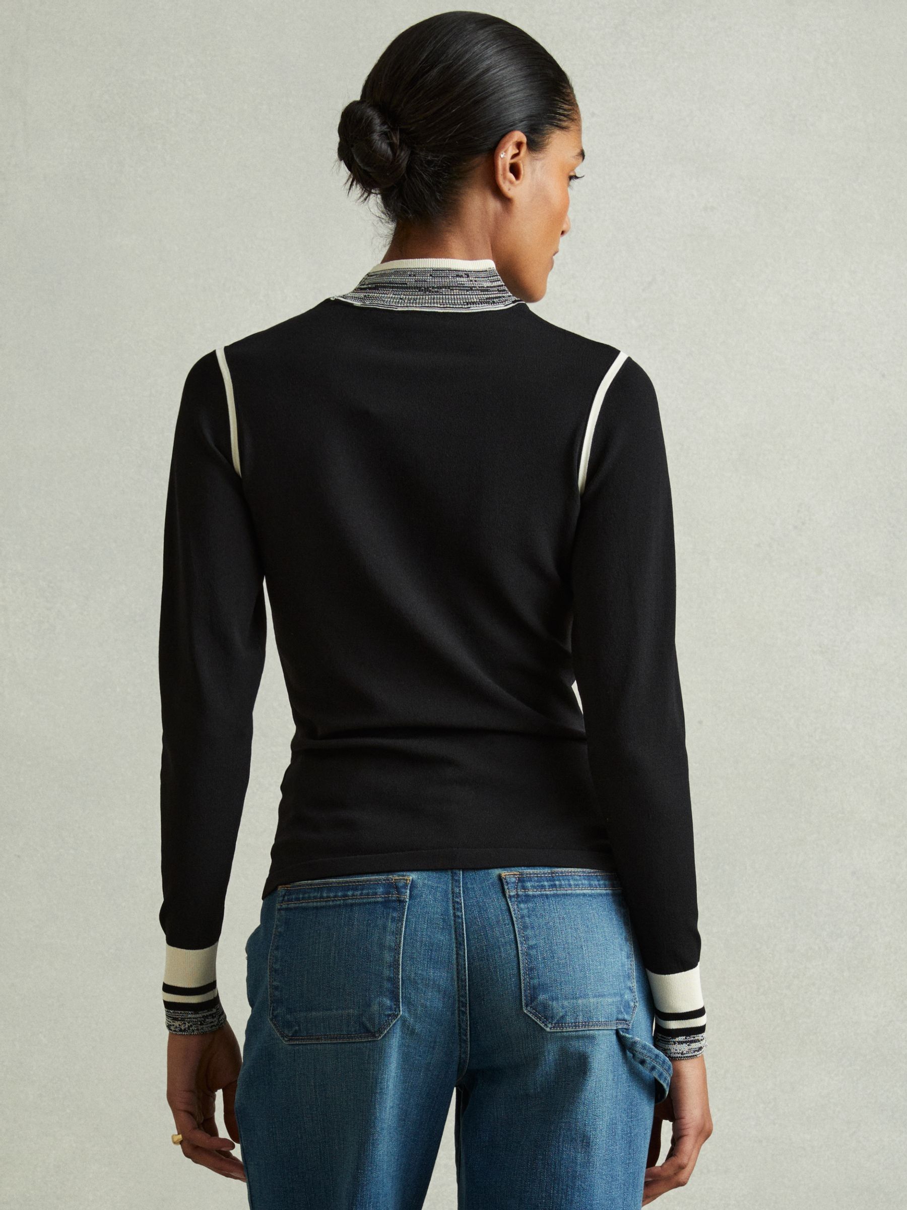 Knitted Contrast High Neck Jumper in Black/Cream - Image 4 of 5