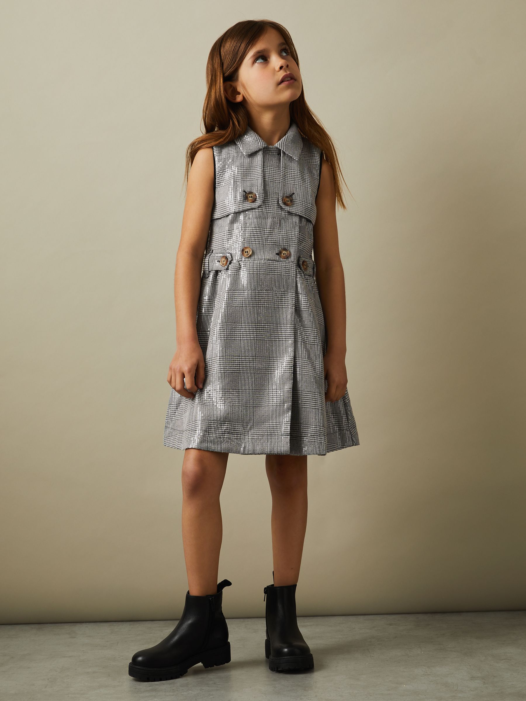 9-13 yrs Sequin Dogtooth Double-Breasted Dress in Black/White - Image 3 of 4