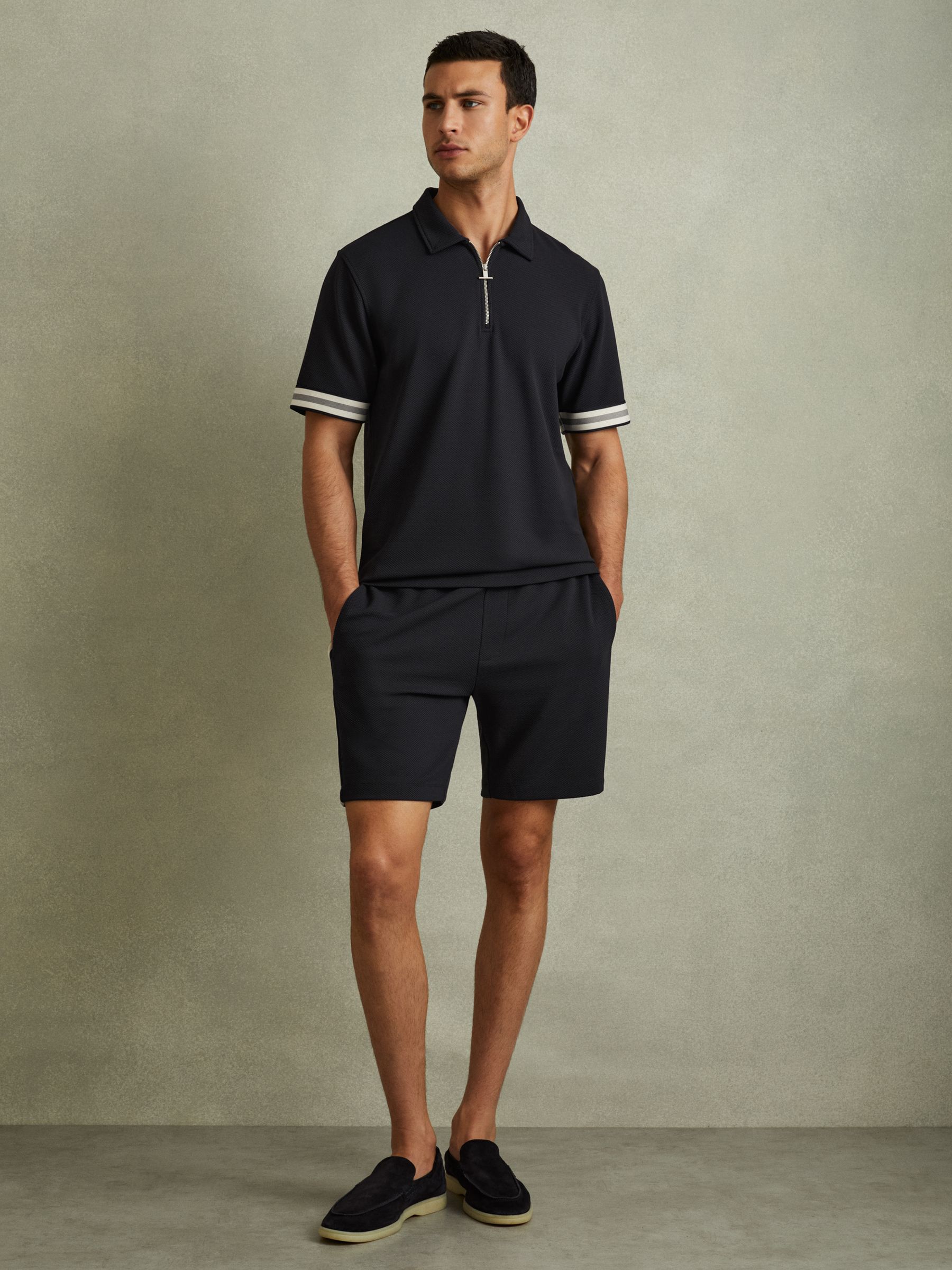 Textured Contrast Side Drawstring Shorts in Navy - Image 1 of 6