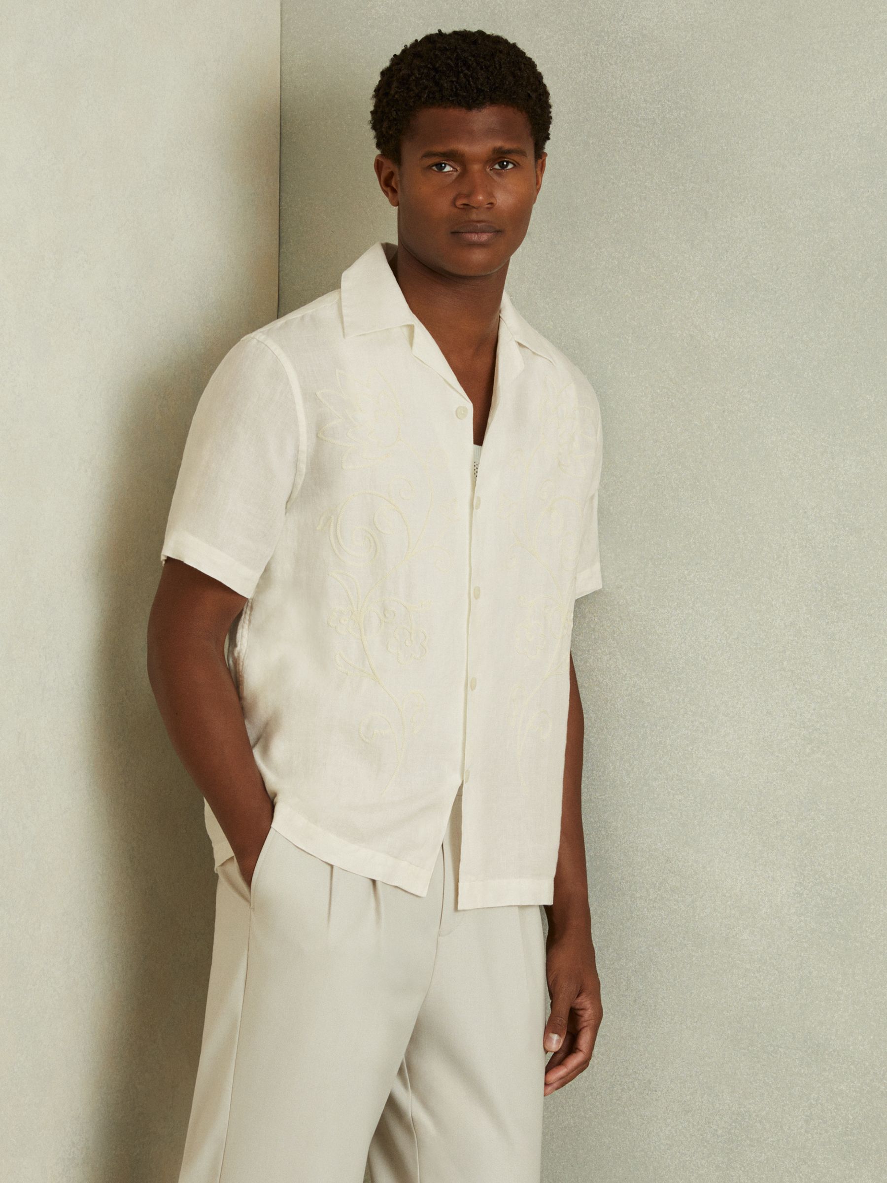 Linen Embroidered Cuban Collar Shirt in White - Image 1 of 5